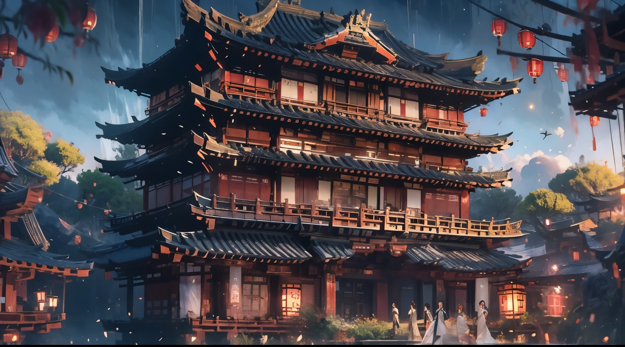 （tmasterpiece：1.2），best qualtiy，realisticlying，Tyndall effect，Underworld marriage，natta， Lanterns， The tree， scenecy， exteriors， 1boys， 独奏， brunette color hair， Japanese clotherom back， malefocus， standing on your feet， east asian architecture， buliding， Skysky， nigh sky， stairwayack，