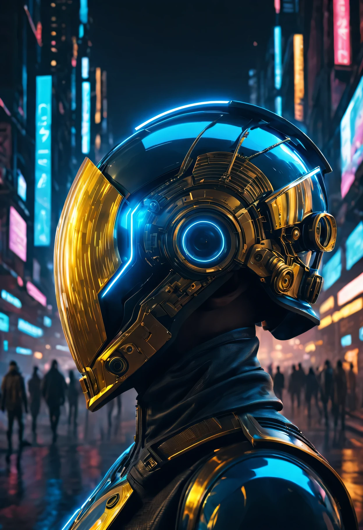 (best quality,4K,8k,high resolution,masterpiece:1.2),Super detailed,actual:1.37,Glowing cyberpunk future golden helmet,neon color,cybernetic enhancement,Chrome finish,Sharp reflexes,future technology,反乌托邦city View,High-tech interface,city View,city lights at night,shadows and highlights,dark and mysterious atmosphere,Post-apocalyptic atmosphere,AI,electric blue accents,Holographic display,Advanced laser goggles,Mechanical details,exquisite craftsmanship,Harnessing the power of technology,Sci-fi futurism,Innovative design,light emitting circuit,charming light,Urban Samurai Aesthetics,Influential and attractive,Meticulous attention to detail,otherworldly charm,Extravagant and awe-inspiring,Advanced augmented reality integration,Seamless integration of analog and digital components,Beautiful gilded engraving,wearable tech masterpiece,technological miracle