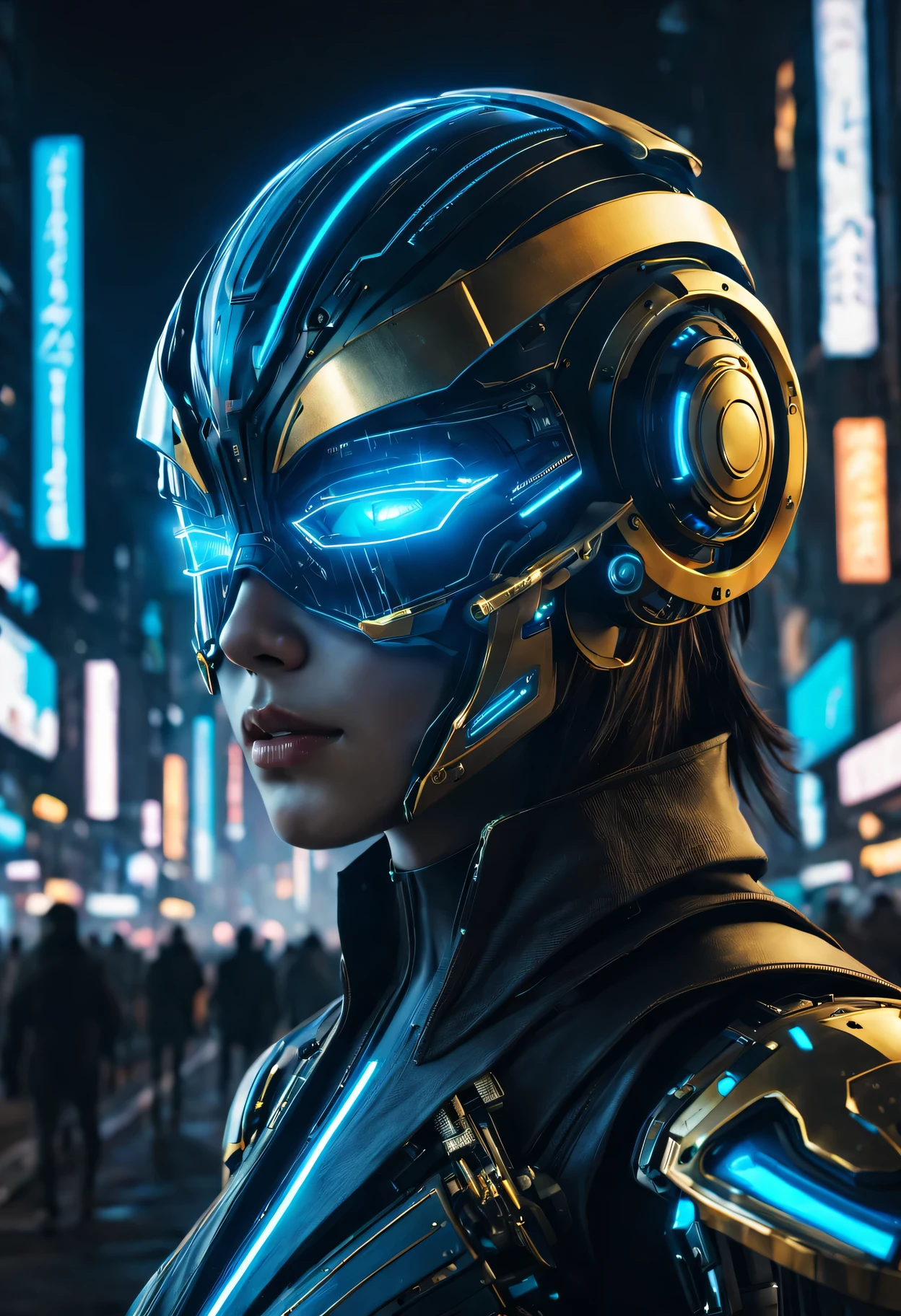 (best quality,4K,8k,masterpiece:1.2),super detailed,lifelike:1.37,Glowing cyberpunk future gold helmet,neon color,cybernetic enhancement,Chrome finish,detailed facial features,shining eyes,firm expression,Keen focus,Sharp reflexes,future technology,反乌托邦city View,High-tech interface,city View,city lights at night,shadows and highlights,dark and mysterious atmosphere,post apocalyptic atmosphere,AI,electric blue tones、Holographic display、Advanced Laser Mask、Mechanical details、exquisite craftsmanship、Harnessing the power of technology、Sci-fi futurism、Innovative design、light emitting circuit、charming light、The aesthetics of the urban warrior、Influence and appeal、Meticulous attention to detail、otherworldly、Luxurious and awesome、Advanced augmented reality integration,Seamless blend of analog and digital elements,Beautiful gilded engraving,可穿戴的科技masterpiece,technological miracle