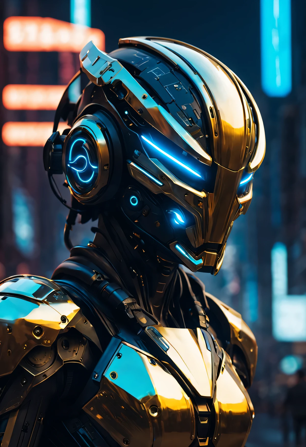 (best quality,4K,8k,masterpiece:1.2),super detailed,lifelike:1.37,Glowing cyberpunk future gold helmet,neon color,cybernetic enhancement,Chrome finish,detailed facial features,shining eyes,firm expression,Keen focus,Sharp reflexes,future technology,反乌托邦city View,High-tech interface,city View,city lights at night,shadows and highlights,dark and mysterious atmosphere,post apocalyptic atmosphere,AI,electric blue tones、Holographic display、Advanced Laser Mask、Mechanical details、exquisite craftsmanship、Harnessing the power of technology、Sci-fi futurism、Innovative design、light emitting circuit、charming light、The aesthetics of the urban warrior、Influence and appeal、Meticulous attention to detail、otherworldly、Luxurious and awesome、Advanced augmented reality integration,Seamless blend of analog and digital elements,Beautiful gilded engraving,可穿戴的科技masterpiece,technological miracle