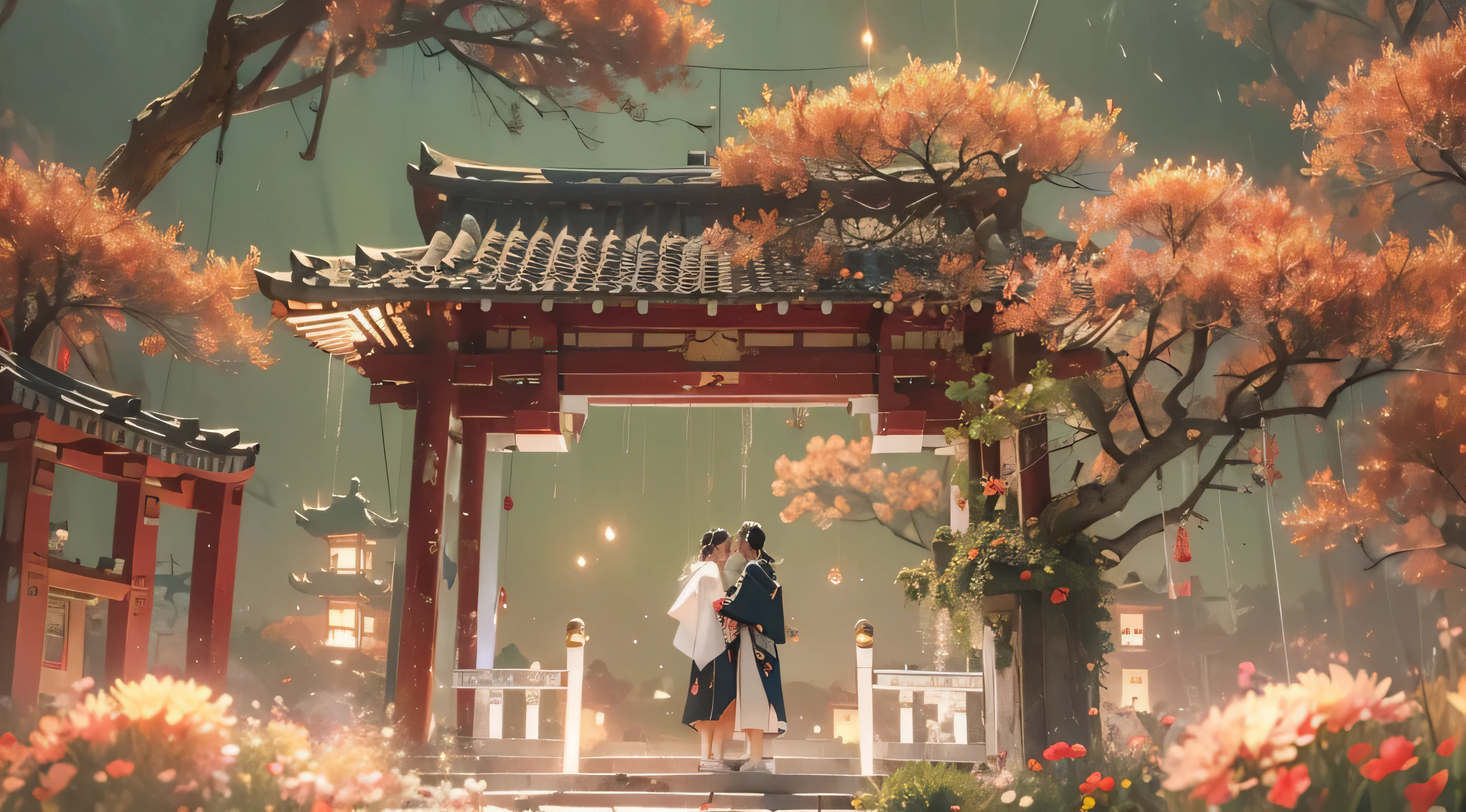 (tmasterpiece:1.2),best qualtiy,realisticlying,Tyndall effect,Underworld marriage,natta, Lanterns, The tree, scenecy, exteriors, 1boys, 独奏, brunette color hair, Japanese clotherom back, malefocus, standing on your feet, east asian architecture, buliding, Skysky, nigh sky, stairwayack,