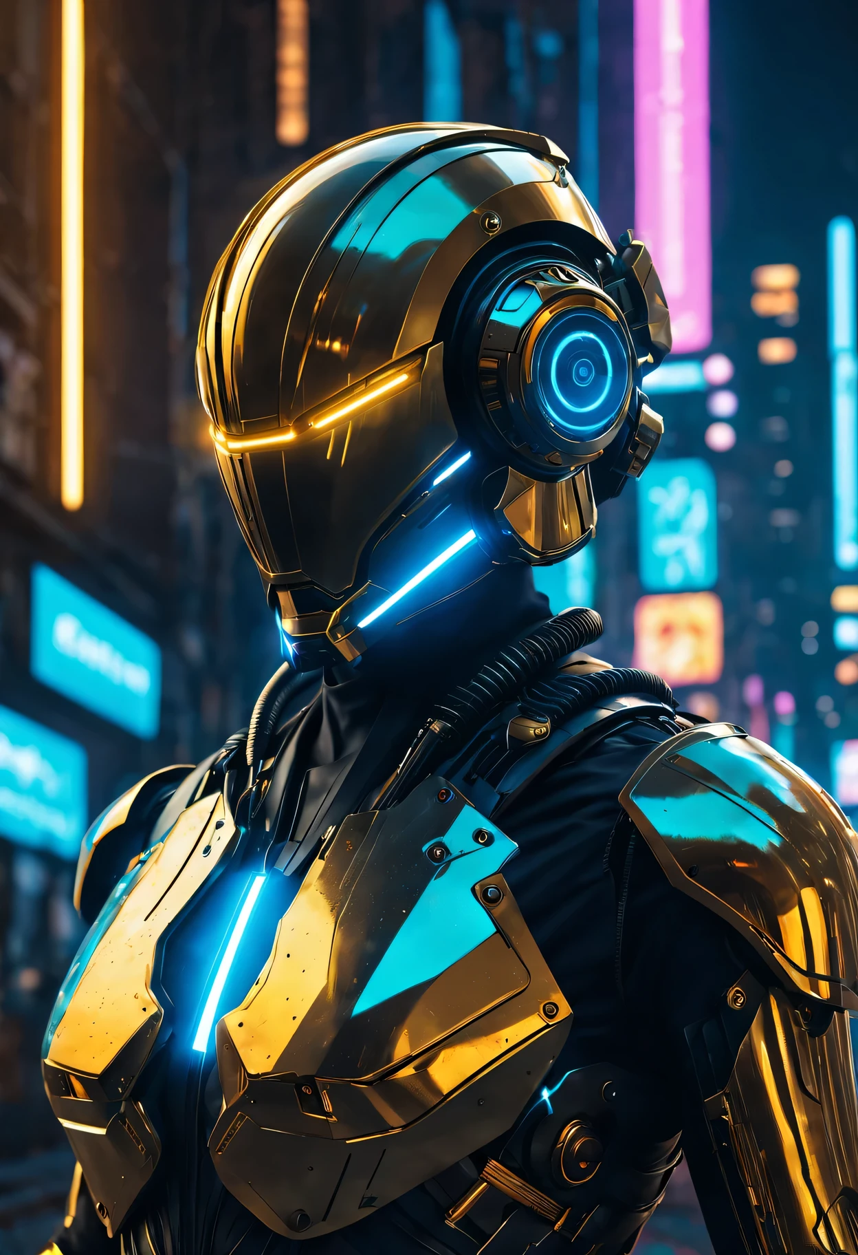 (best quality,4K,8k,high resolution,masterpiece:1.2),Super detailed,actual:1.37,Glowing cyberpunk future golden helmet,neon color,cybernetic enhancement,Chrome finish,Sharp reflexes,future technology,反乌托邦city View,High-tech interface,city View,city lights at night,shadows and highlights,dark and mysterious atmosphere,Post-apocalyptic atmosphere,AI,electric blue accents,Holographic display,Advanced laser goggles,Mechanical details,exquisite craftsmanship,Harnessing the power of technology,Sci-fi futurism,Innovative design,light emitting circuit,charming light,Urban Samurai Aesthetics,Influential and attractive,Meticulous attention to detail,otherworldly charm,Extravagant and awe-inspiring,Advanced augmented reality integration,Seamless integration of analog and digital components,Beautiful gilded engraving,wearable tech masterpiece,technological miracle