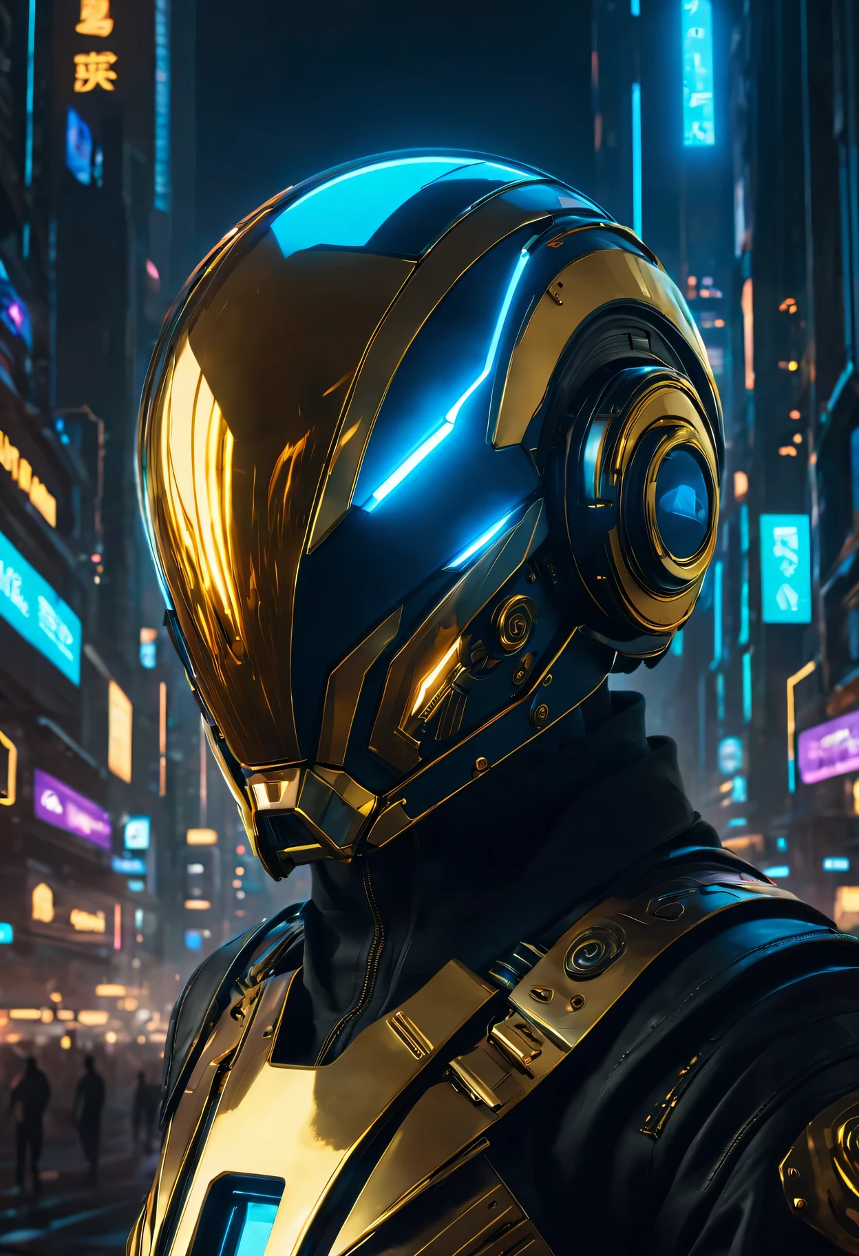 (best quality,4K,8k,high resolution,masterpiece:1.2),Super detailed,actual:1.37,Glowing cyberpunk future golden helmet,neon color,cybernetic enhancement,Chrome finish,Sharp reflexes,future technology,反乌托邦city View,High-tech interface,city View,city lights at night,shadows and highlights,dark and mysterious atmosphere,Post-apocalyptic atmosphere,AI,electric blue accents,Holographic display,Advanced laser goggles,Mechanical details,exquisite craftsmanship,Harnessing the power of technology,Sci-fi futurism,Innovative design,light emitting circuit,charming light,Urban Samurai Aesthetics,Influential and attractive,Meticulous attention to detail,otherworldly charm,Extravagant and awe-inspiring,Advanced augmented reality integration,Seamless integration of analog and digital components,Beautiful gilded engraving,wearable tech masterpiece,technological miracle