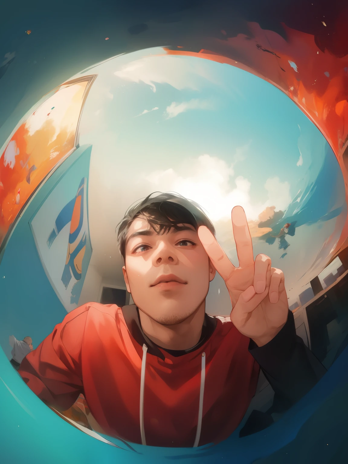 arafed man in a red shirt making a peace sign with his hand, 8k selfie photograph, fisheye portrait, lens flair, fisheye!!!, fisheye photo, oversaturated lens flair, fisheye effect, ((fish eye)), shot on gopro9, distorted photo, fisheye