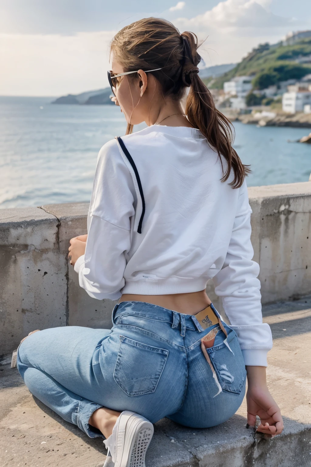 As the sun sets over the Bosfor Βόσπορος, a young Distance from view, Back view, A young ((Stylish happy girl age 18-25 wearing boyfriend jeans)) with sunglasses ((white sneakers bright)) ((white sweatshirt)) ((white jeans)) takes a break from the game to sit on the sea. Her silhouette is outlined against the vibrant sky, a moment of peace and reflection in the midst of the action. ((sexy doggy-style position))