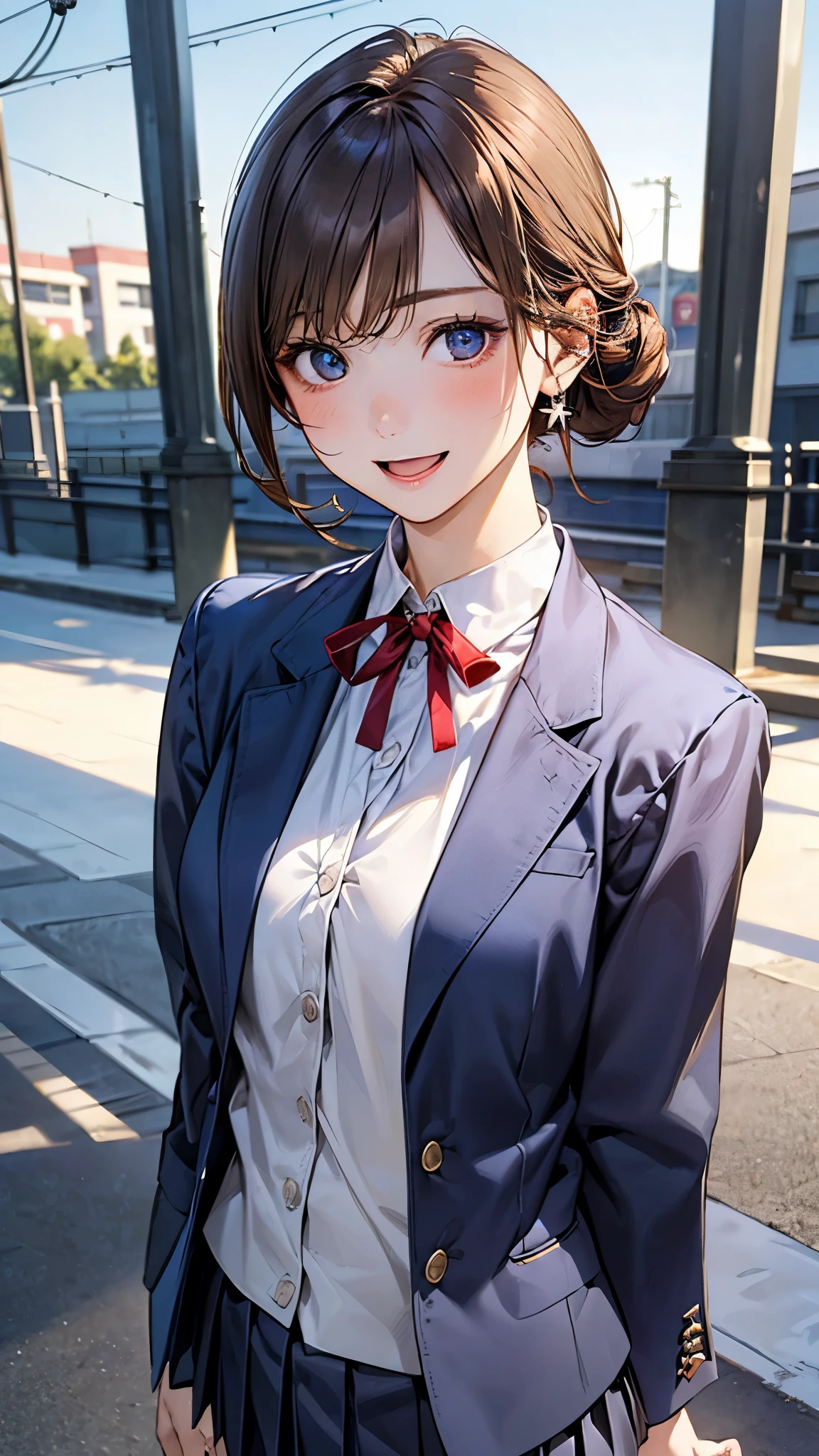 (masterpiece:1.2, top-quality), (realistic, photorealistic:1.4), beautiful illustration, (natural side lighting, movie lighting), nsfw,
looking at viewer, face focus, upper body, 1 girl, japanese, high school girl, perfect face, cute and symmetrical face, shiny skin,
(short hair:1.2, half updo:1.2, light brown hair), asymmetrical bangs, blue eyes, drooping eyes, long eye lasher, (medium breasts), slender,
beautiful hair, beautiful face, beautiful detailed eyes, beautiful clavicle, beautiful body, beautiful chest, beautiful thigh, beautiful legs, beautiful fingers,
((detailed cloth texture, long sleeves navy blue school doubles blazer, white collared shirts, navy blue pleated mini skirt, red neck ribbon)),
(beautiful scenery), winter, evening, (outdoors), walking, (lovely smile, open mouth),