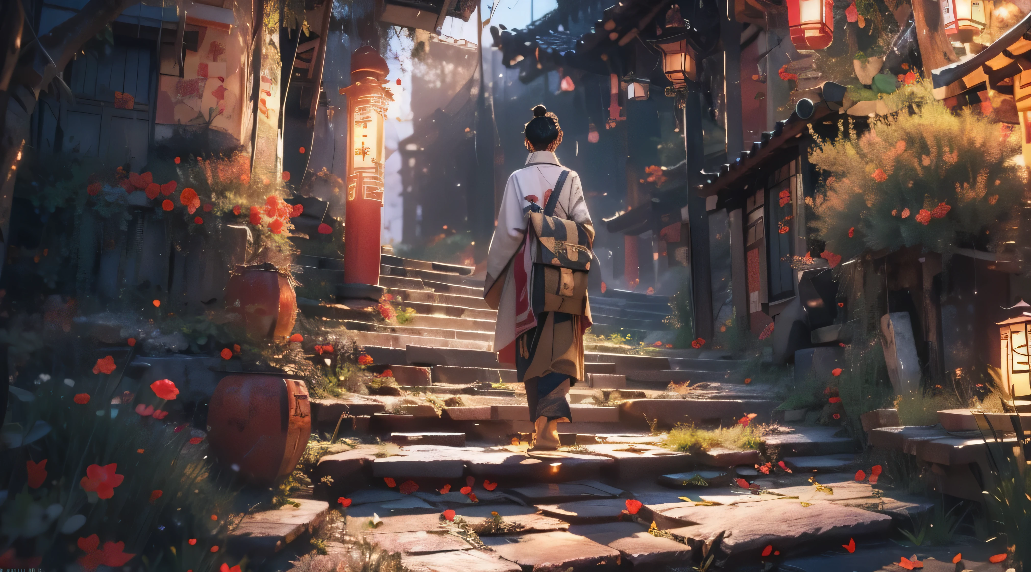 (tmasterpiece:1.2),best qualtiy,realisticlying,Tyndall effect,Underworld marriage,natta, Lanterns, The tree, scenecy, exteriors, 1boys, 独奏, brunette color hair, Japanese clotherom back, malefocus, standing on your feet, east asian architecture, buliding, Skysky, nigh sky, stairwayack,