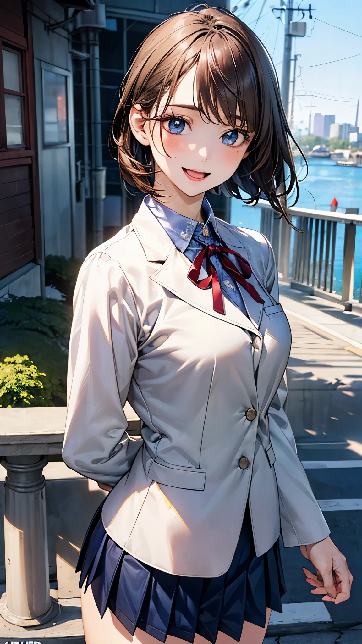 (masterpiece:1.2, top-quality), (realistic, photorealistic:1.4), beautiful illustration, (natural side lighting, movie lighting), nsfw,
looking at viewer, face focus, upper body, 1 girl, japanese, high school girl, perfect face, cute and symmetrical face, shiny skin,
(short hair:1.2, half updo:1.2, light brown hair), asymmetrical bangs, blue eyes, drooping eyes, long eye lasher, (medium breasts), slender,
beautiful hair, beautiful face, beautiful detailed eyes, beautiful clavicle, beautiful body, beautiful chest, beautiful thigh, beautiful legs, beautiful fingers,
((detailed cloth texture, long sleeves navy blue school doubles blazer, white collared shirts, navy blue pleated mini skirt, red neck ribbon)),
(beautiful scenery), winter, evening, (outdoors), walking, (lovely smile, open mouth),