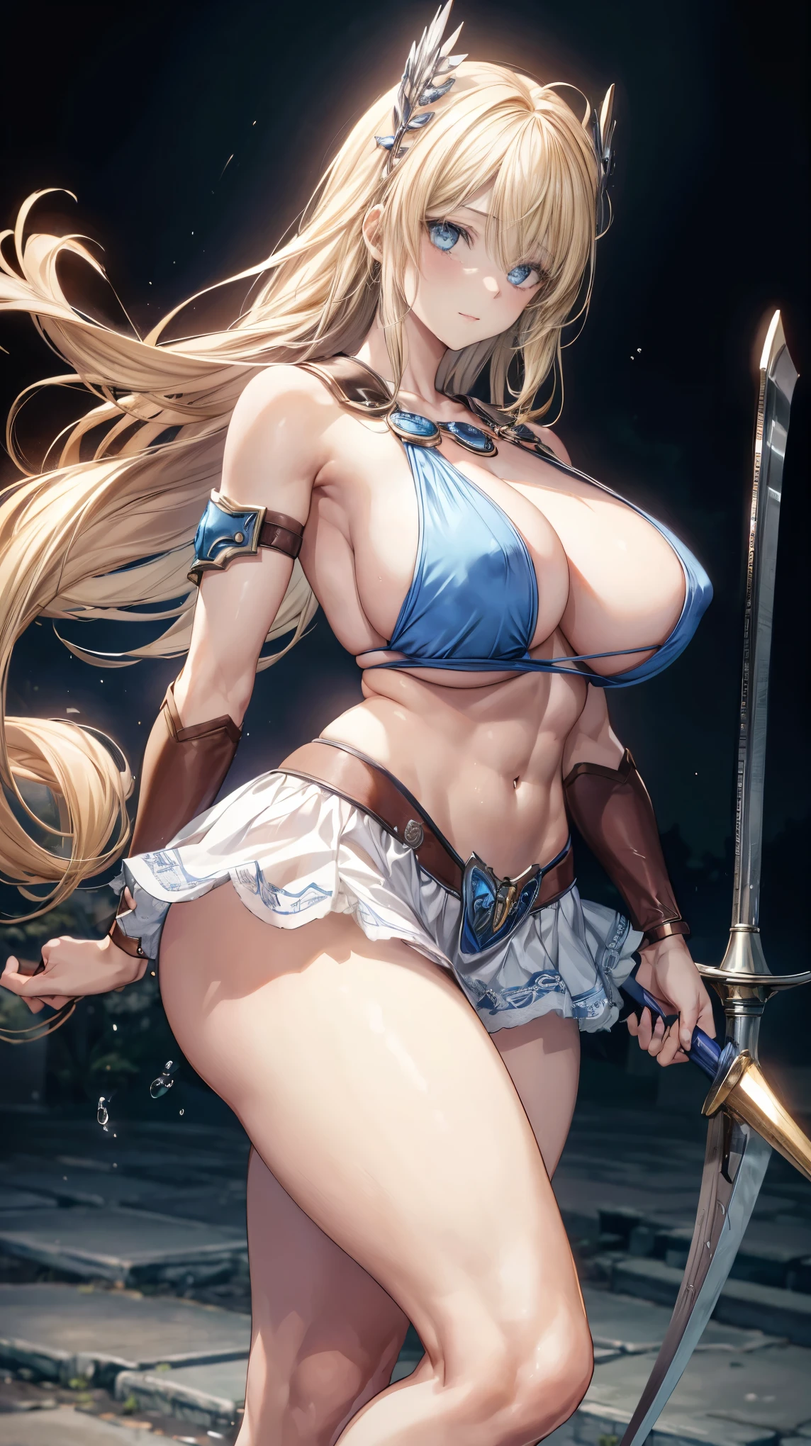 sensual, long blonde hair, thick thighs, 8K, 4K, highest quality, High resolution:1.2), cute anime face, noise reduction, shining blue eyes, gentle smile, Gentle eyes、toned abdominal muscles, muscular arms, muscular legs, young face, anime eyes, (((big breasts、Breasts that are about to burst)))、(((model pose)))、sophitia、sword、shield、Get on your knees