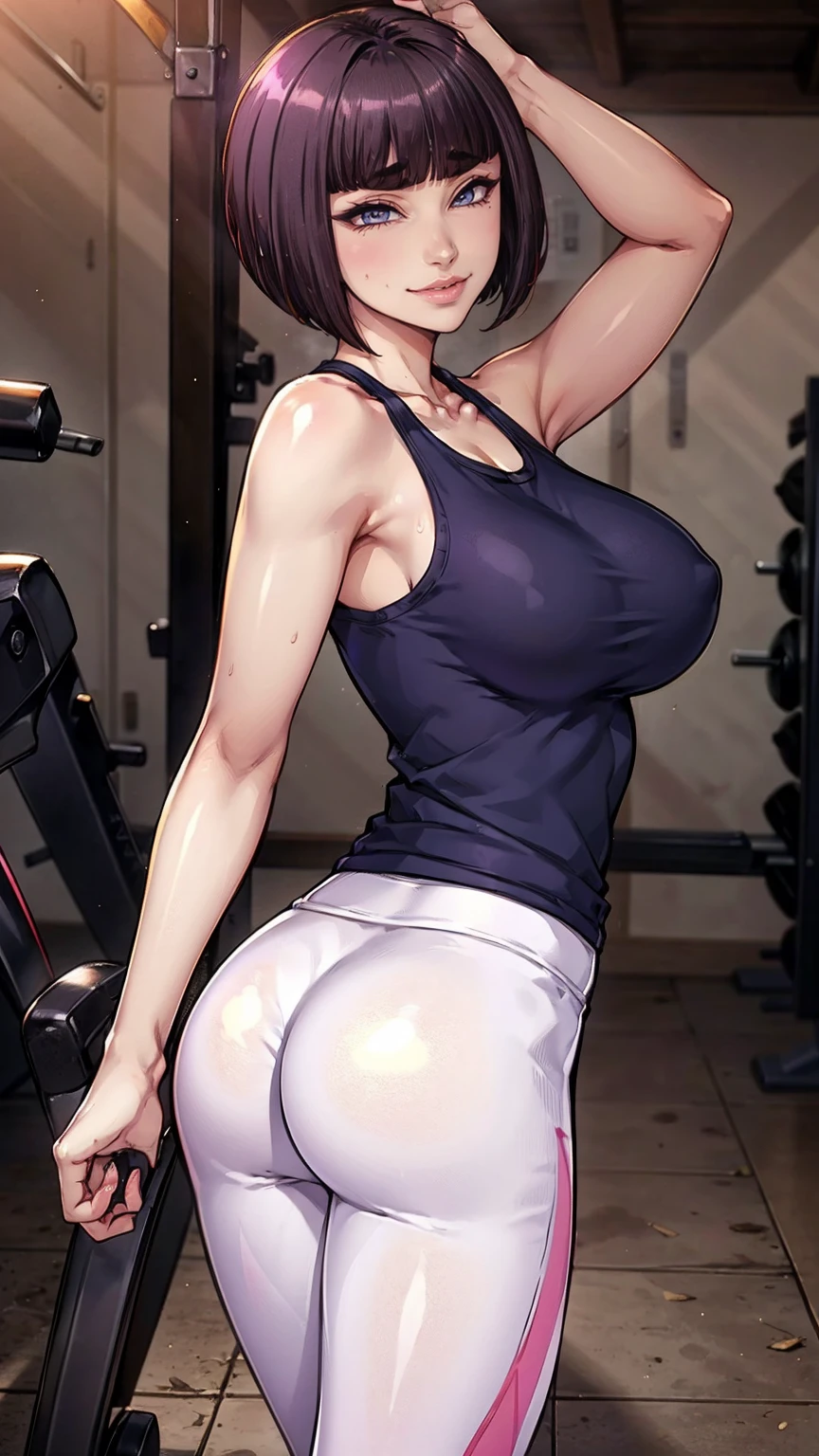 ((((Pink tank top, white yoga pants, tight clothes)), backwards, ass, 1girl, milf, standing, sexy pose, ((gym background)), with gym equipment, mirrors)), ((Itsuki Shima, mature female, (cowboy shot:1.2), short hair, brown hair, bob cut, brown eyes, looking at viewer, perfect body, perfect eyes, anime eyes, eyeshadow, perfect face, (blush, smirking:1.1), sharp focus, professional artwork, intricate details))