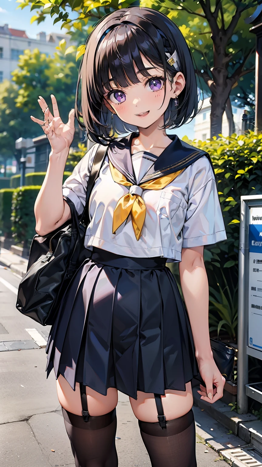 sailor suit, one woman, (a beauty woman, delicate :1.3), black hair, bob cut, Bangs Patsun, 8K, highest quality, masterpiece, Super detailed, ultra high resolution, realistic, RAW photo, absolute resolution, small face compared to body (4:1), very small face (4:1), The face is balanced, black hair, sailor suit, Dark blue skirt, realistic女子高生, ((white headband)), small breasts, tall, slanted eyes, purple eyes, (In front of the school gate), (black stockings), open your mouth, smile, stand, school bag, wave to the camera, 