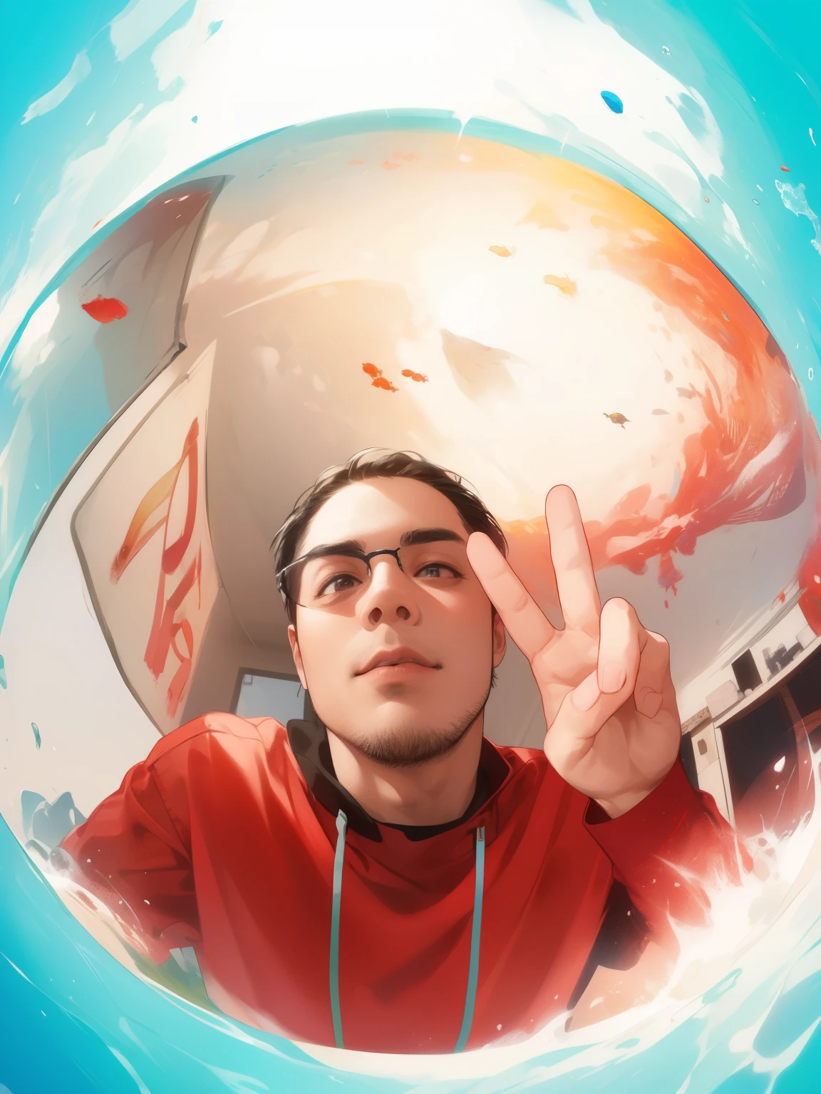 arafed man in a red shirt making a peace sign with his hand, 8k selfie photograph, fisheye portrait, lens flair, fisheye!!!, fisheye photo, oversaturated lens flair, fisheye effect, ((fish eye)), shot on gopro9, distorted photo, fisheye