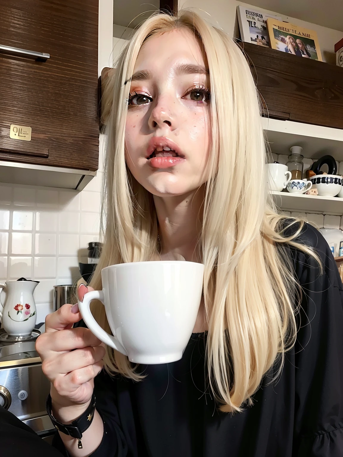 blonde woman with long hair holding a cup of coffee in her hand, anna nikonova aka new milkmaid, Yelena Belova, con pelo largo y rubio, es ((drink a cup of tea)), Dasha Taran, pelo largo y rubio y ojos grandes, extremely pale blonde hair, con cabello rubio muy largo, very very pale blonde hair, chica sexy con cabello largo y rubio