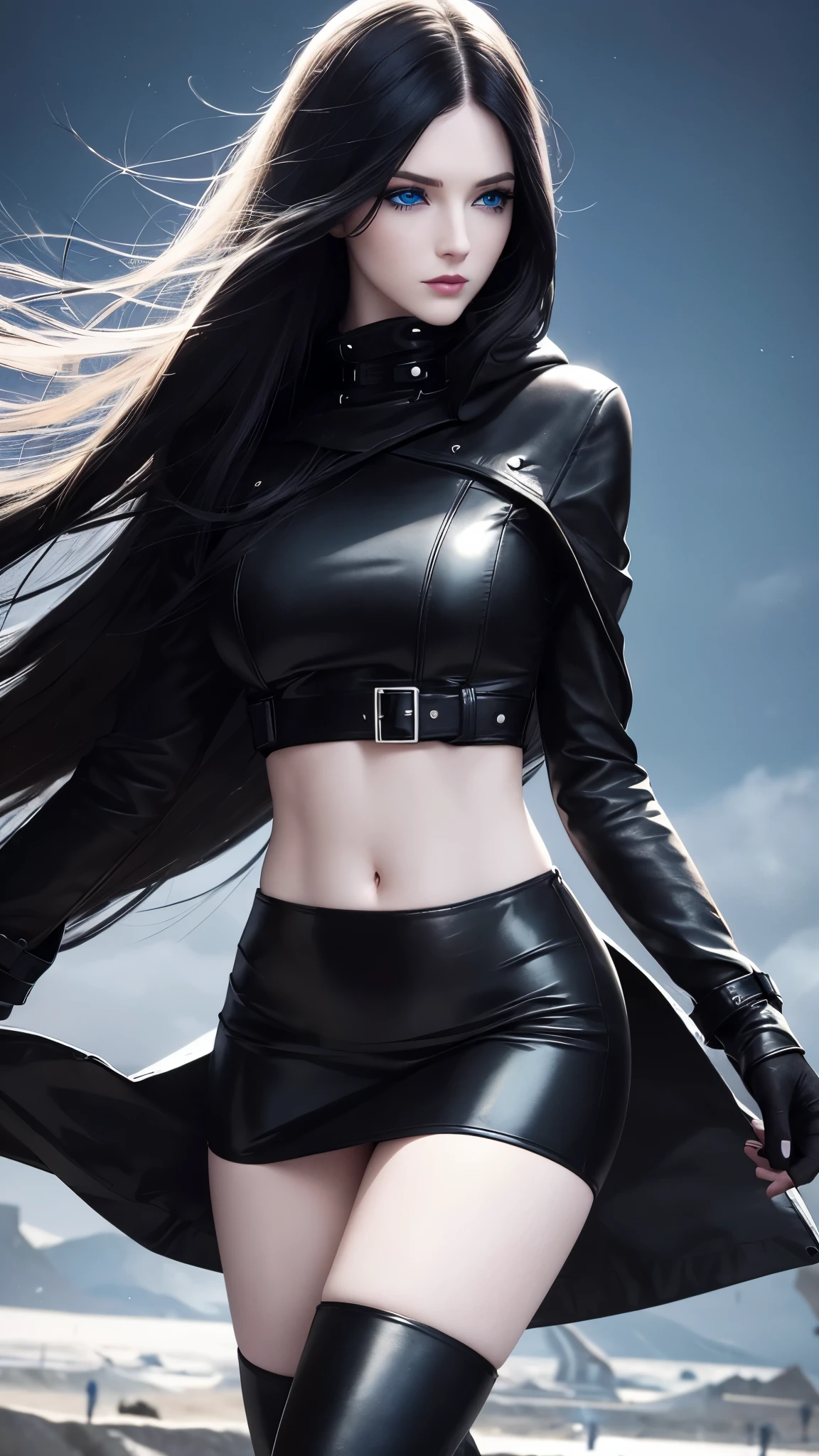 1 beautiful woman, pale white skin, long black hair, bright blue eyes, perfect body, perfect abdomen, perfectly round butt, very tight leather pants (black), black boots, black hooded assassin trench coat (moved by the wind ), makeup, eye shadow, accessories, (masterpiece), (lighting effects), (photorealistic), (well-detailed face)