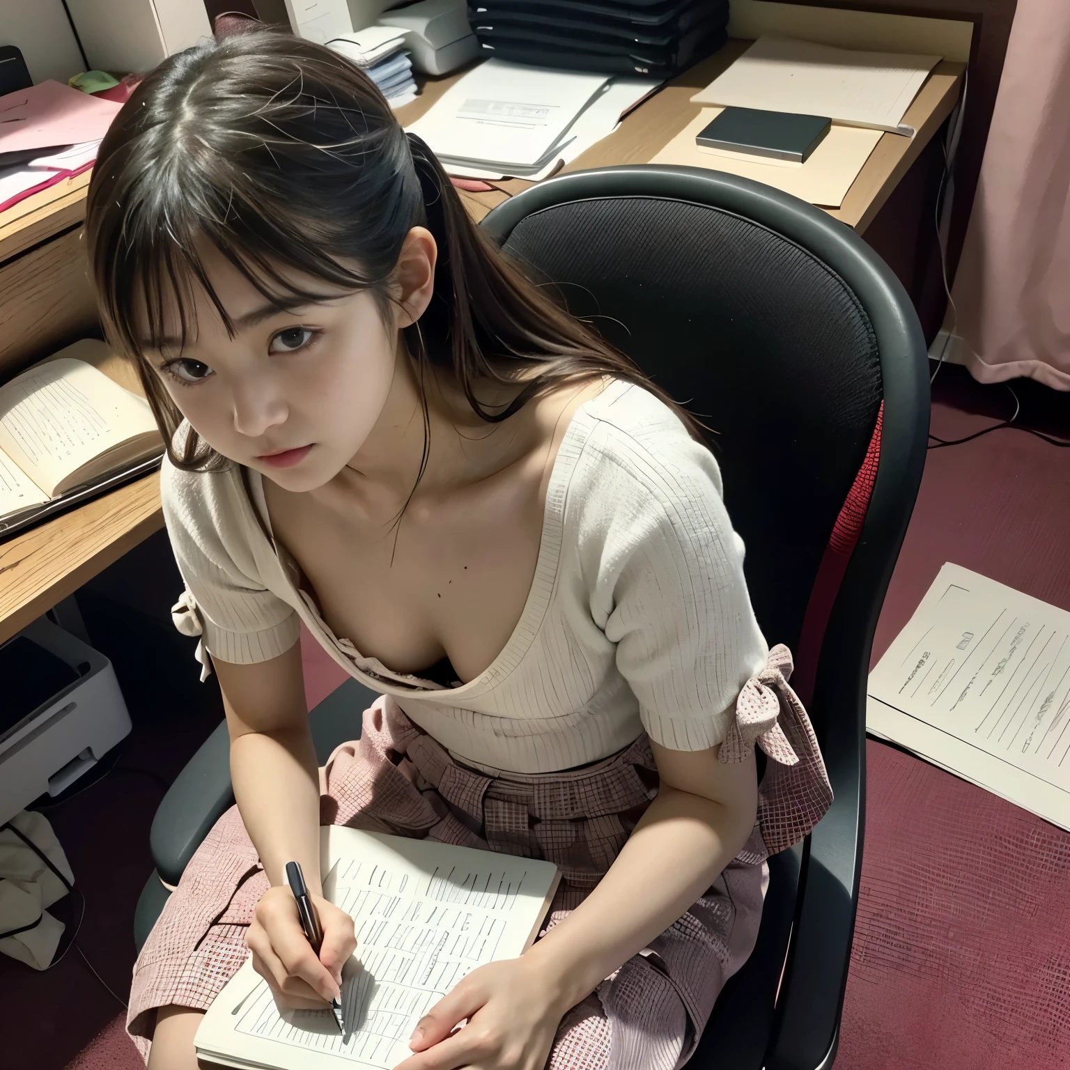 best quality, ultra highres, ultra detailed skin, physically-based rendering,downblouse, looking down,(14yo japanese girl sitting on chair and writing in notepad, on small table, decorated detailed bra, overlap blouse, small breasts, voluptuous, from above),(beautiful messy room background:1.2)