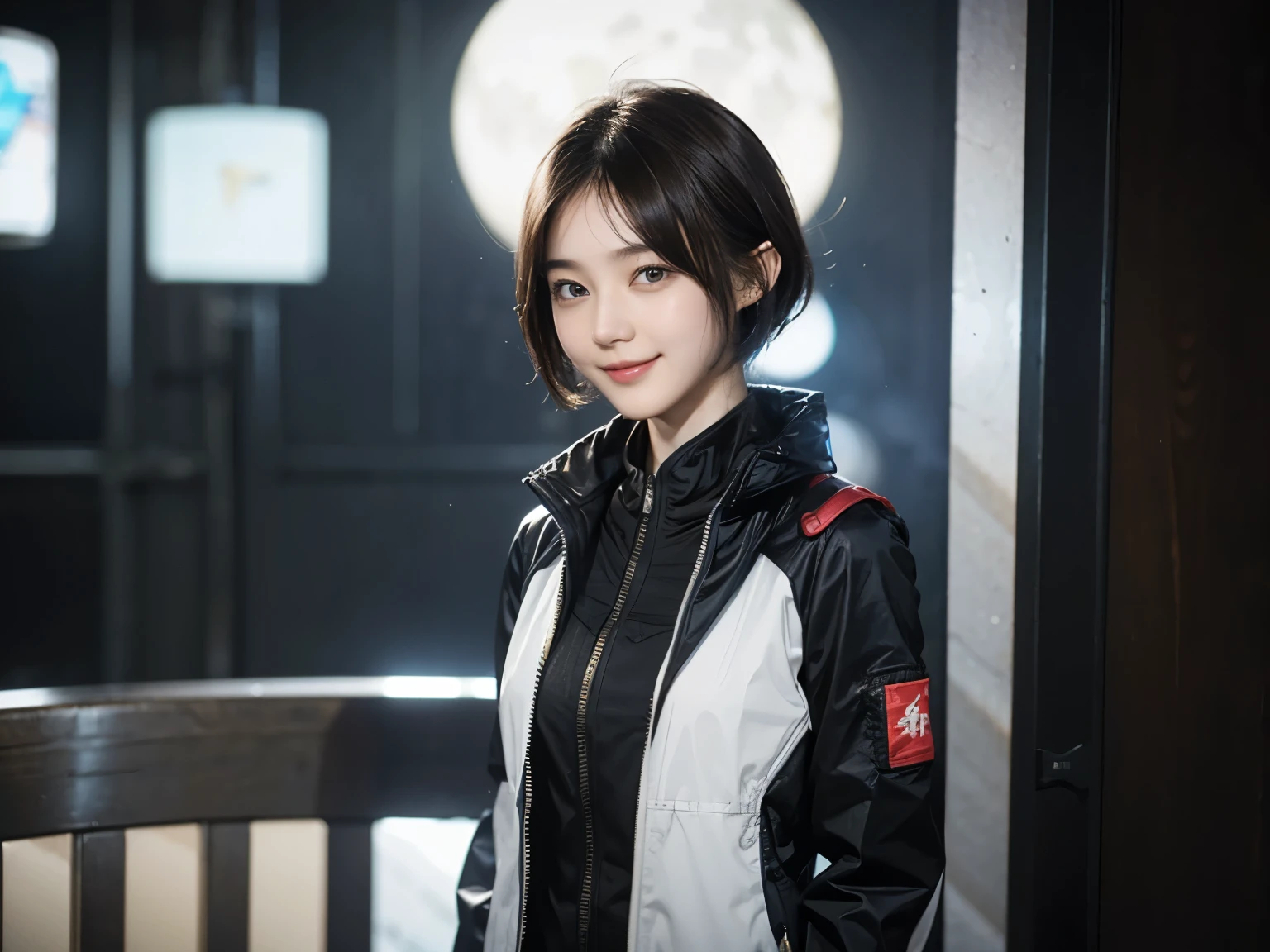 162
Shorthair,  (a 20 yo woman, standing), A hyper-realistic, gentle smile, sci-fi cool suit, (口紅)
