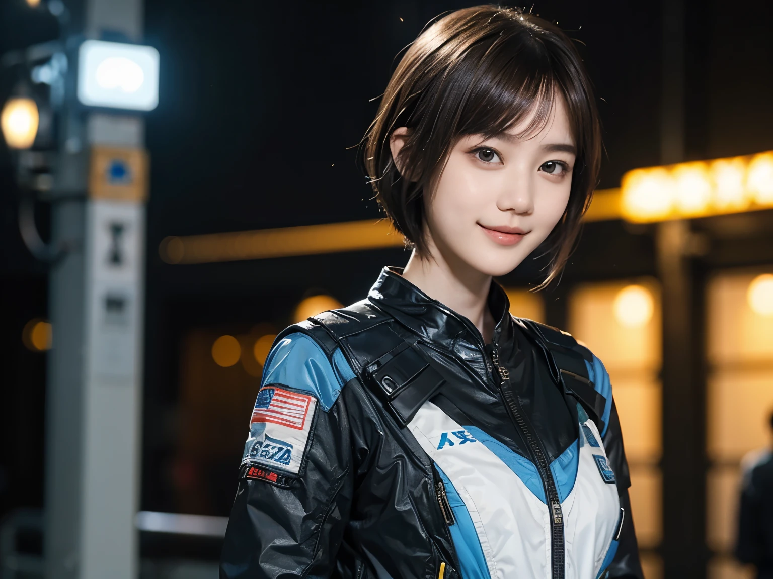 162
Shorthair, (a 20 yo woman, standing), A hyper-realistic, gentle smile, sci-fi cool suit, (口紅)