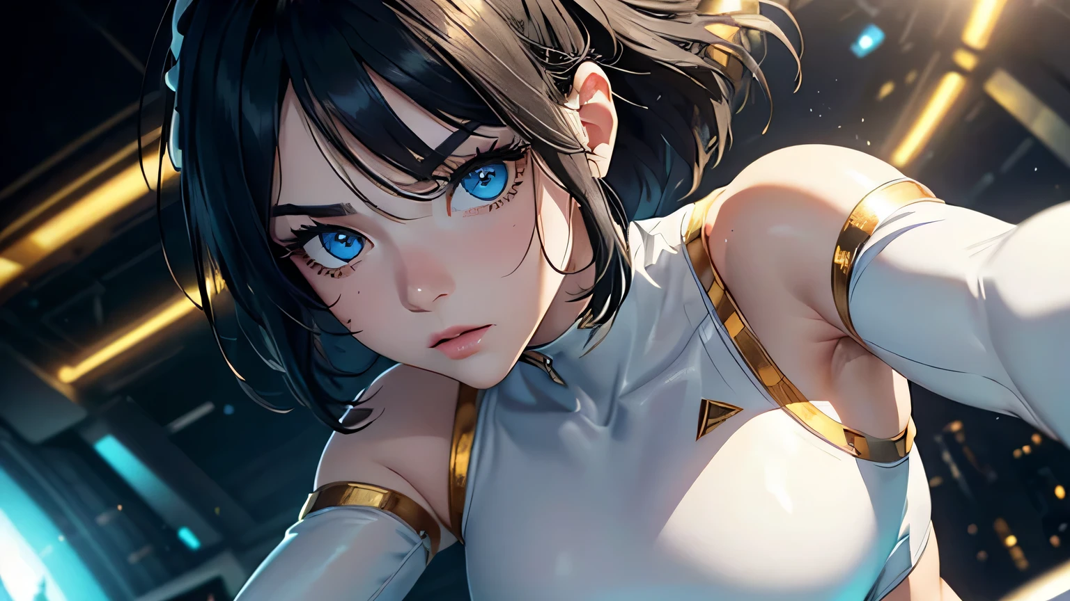 4K, A high resolution, Best quality at best, masterpiece, perfect colors, perfect shadow, perfect litthing, ((sportrait)), 1woman, fit body, heterochromia eyes,dark blue hair , blue eyes, With round lenses, The audience watched carefully, (s face: 1.2), Perfect female figure, ((dynamic pose)), ((white and gold Tight crop top white and gold leather suit)), ((shy and looking at viewert)), (Perfect thick white eyebrows) Delicate fur, 详细s face, s the perfect face, , (dynamic pose), cyberpunk abstract background, ((Bonifasko lighting)), (The round lenses on his eyes)(詳細な目), Perfect student, ((face close up))