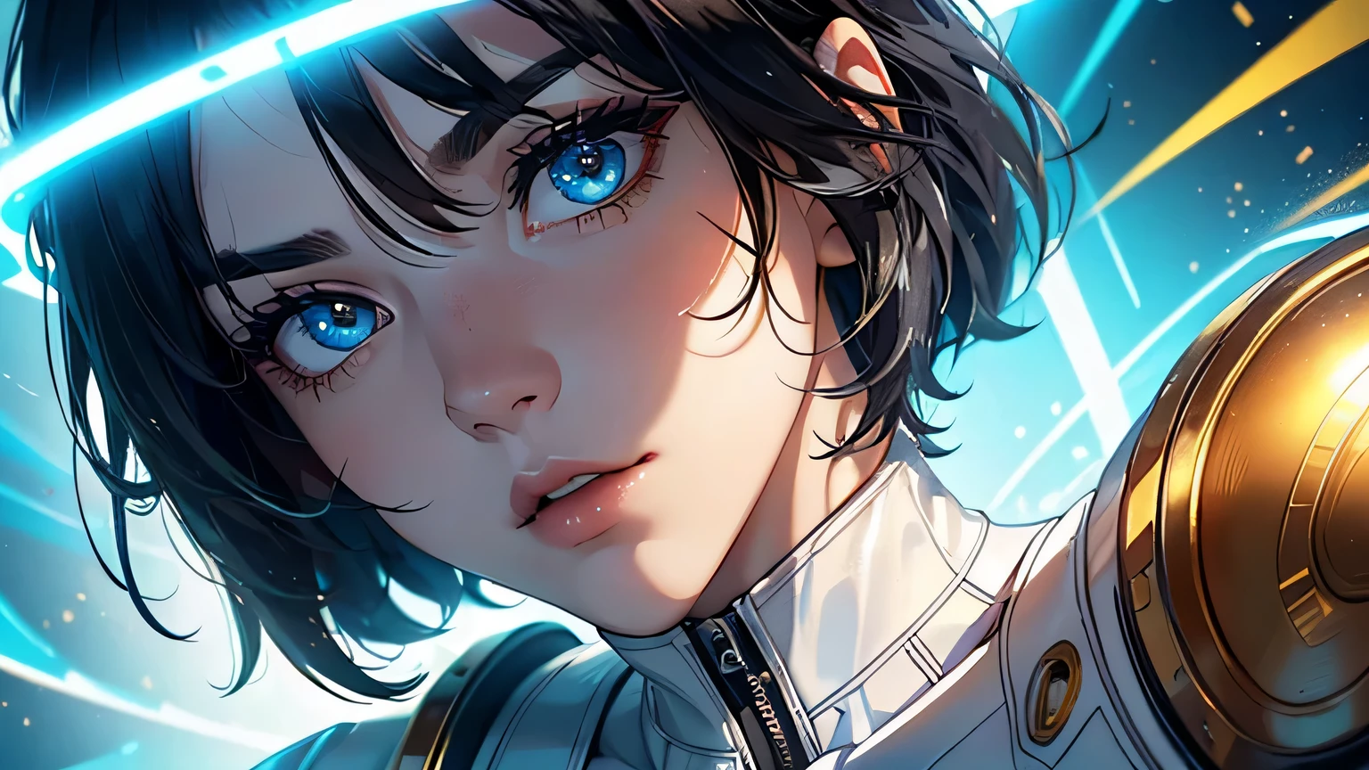 4K, A high resolution, Best quality at best, masterpiece, perfect colors, perfect shadow, perfect litthing, ((sportrait)), 1woman, fit body, heterochromia eyes,dark blue hair , blue eyes, With round lenses, The audience watched carefully, (s face: 1.2), Perfect female figure, ((dynamic pose)), ((white and gold Tight crop top white and gold leather suit)), ((shy and looking at viewert)), (Perfect thick white eyebrows) Delicate fur, 详细s face, s the perfect face, , (dynamic pose), cyberpunk abstract background, ((Bonifasko lighting)), (The round lenses on his eyes)(詳細な目), Perfect student, ((face close up))