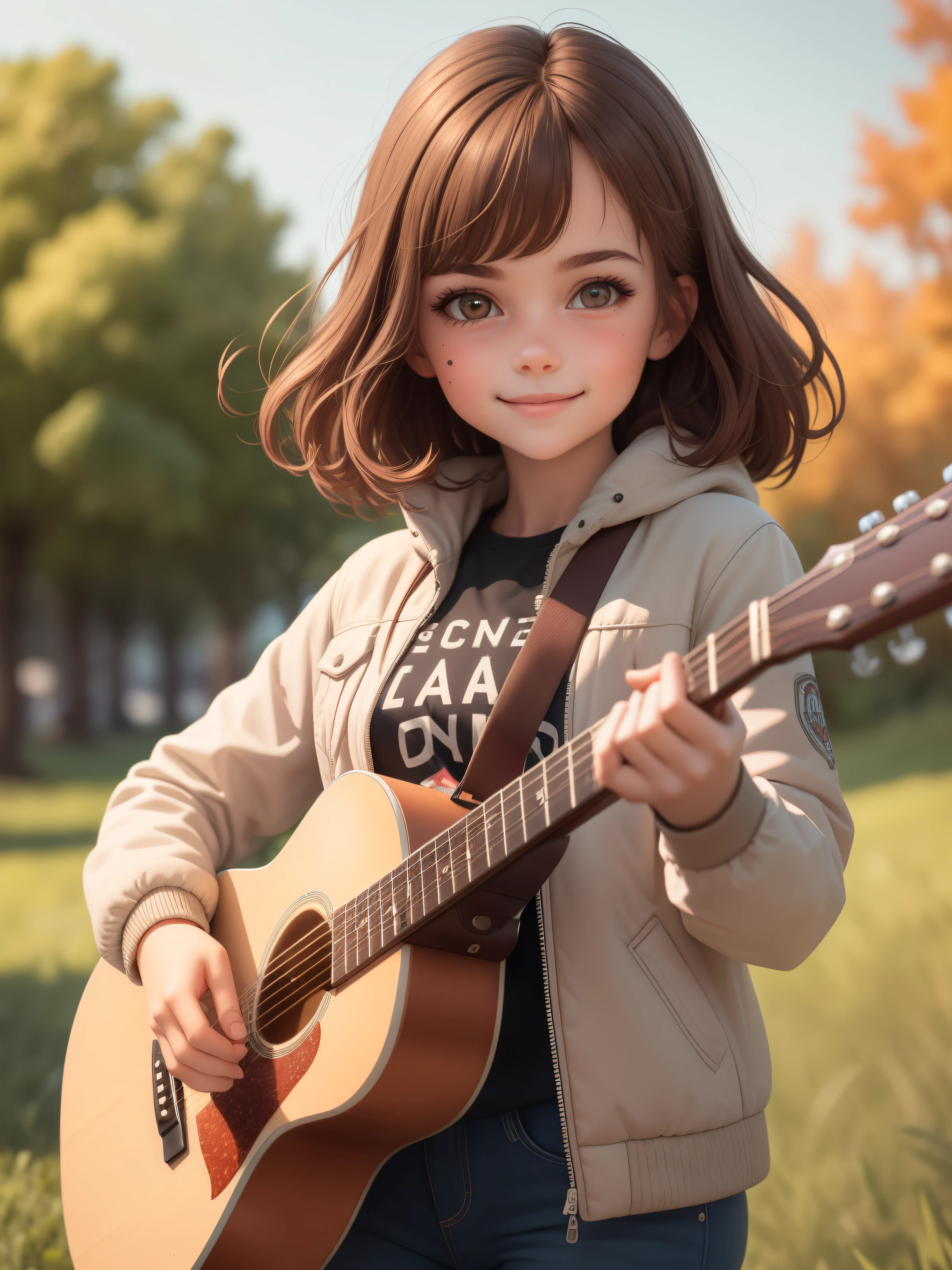 (masterpiece), (highest quality), (Super detailed), (whole body: 1.2), 1 girl, a bit, cute, smile, closed your mouth, facing forward, looking here, outdoor, play the guitar, music, have a guitar, blush labels, wood, 3, Jacket, shirt, brown hair, light brown eyes, bright eyes, (beautiful detailed face), (beautiful and detailed eyes), Blur.