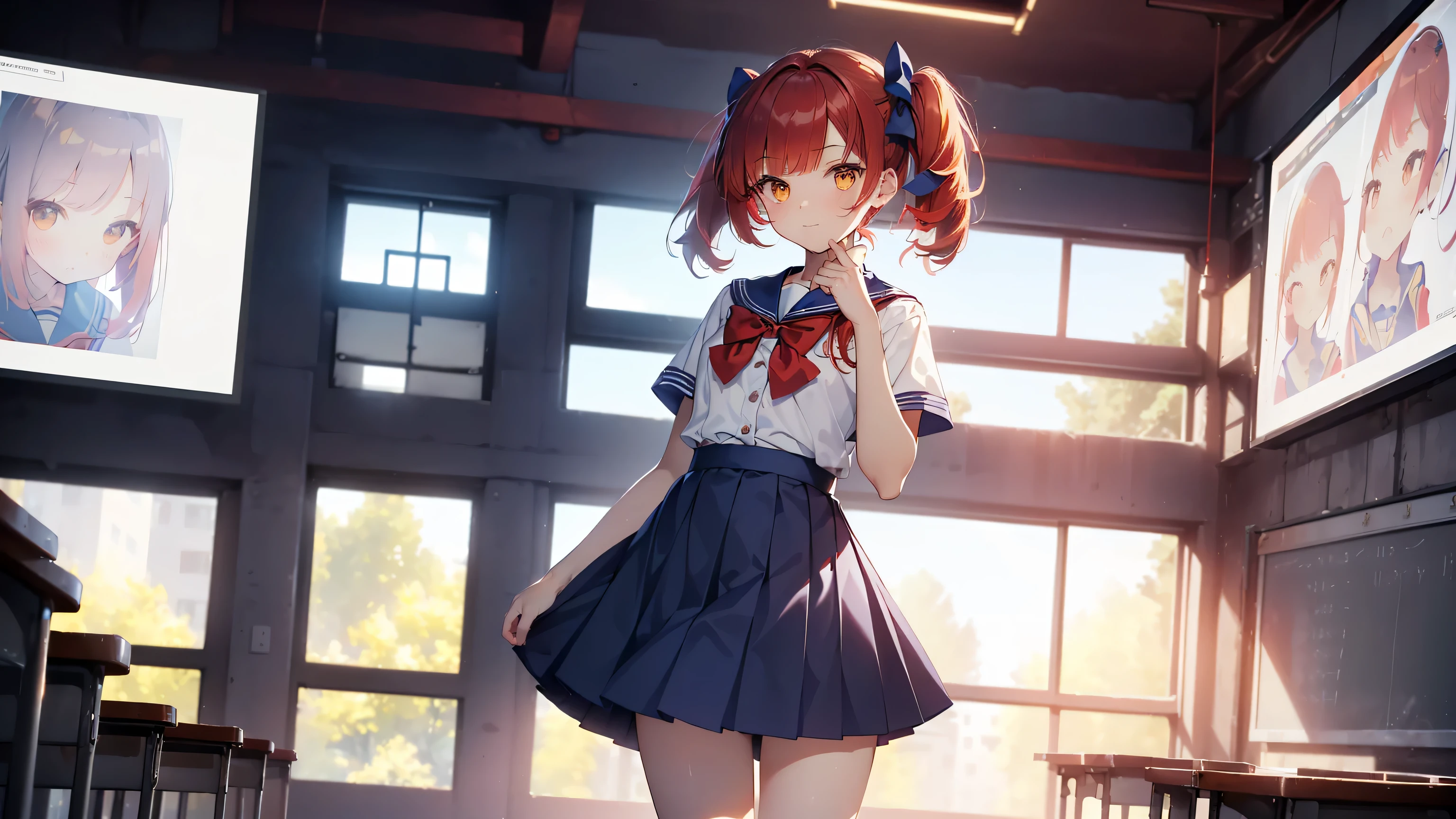 ((Calidad superior, ultra detallado, high resolution, CG extremadamente detallado, fondo de pantalla de unidad 8k, por artista famoso, perfect anatomy, super detailed skin, cinematic lighting, HD, retina, anatomically correct, 1080P)), (Por favor, draw a single happy girl walking in a school classroom. :1.3), ((1 chica)), (Solo, rostro,13歳:2.0), un estudiante de secundaria, ((cute , Chibi, babyrostro)) androgynous charm, (pelo medio, ((pelo rojo completo)) ((pelirrojo)), coletas, flequillo recto, con un lazo en el pelo, ((very thin piernas)), ((skinny piernas, cuerpo delgado, small construction)), Extremidades completas, dedos completos, ((dedos y manos perfectos)), pecho plano, Cuerpo , Small rear, ingle, Hermosos ojos llenos de oro amarillo detallados., ojos perfectos, uniforme escolar marinero, ((falda azul)) y blusa blanca, ((lazo rojo en la blusa)), Cuello marinero azul, mangas cortas, sin medias, (Detailed lighting), (antecedentes detallados), ((en la zona escolar)), vista de cuerpo completo, ((de pie)), piernas. lindo, chica soltera kawaii (una chica), Toma de cuerpo completo. ((El fondo es la escuela.)), cuerpo delantero, ((mano izquierda arriba, mano derecha abajo))