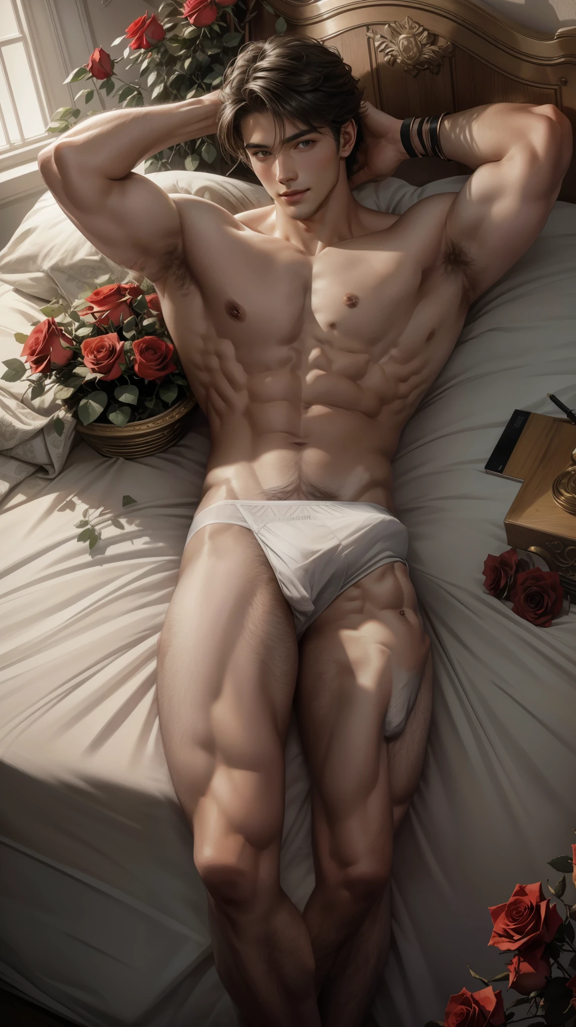 1 man, (male model) hot skin, masterpiece, best quality, most handsome man in the world, by Shen Quan, perfect body, beautiful male model, an attractive man 18-24 years old aesthetic, valentines, red roses, roses bed, rose trees, vivid flowers, rough and handsome young man in white transparent speedo, laying in bed, red transparent fabric, shirtless exposed chest muscles, exposed thighposed transparent male bikini ), (male focus), (smooth body)), smile, super cute, dynamic pose, cool and seductive, dramatic lighting, full body shot, full body shoot, young face, full body, body hair, skinny tall, fit body, dominant, white or white skin, young face, firm body, hd, natural flesh tone, soft light, highly detailed, looking at the audience, photography, detailed skin, real person, realistic, photorealistic realistic, crazy detail, facial detail, hype maximization, hype surrealism, film, telephoto, lighting complex detail , Highly detailed, Highly detailed, Digital painting, smooth, sharp focus, illustration, Unreal Engine 5, 8K, art by Ross Tran and Greg Rutkowski and Alphonse Mucha, UHD, 8k, Show men only .8k Ultra HD, DSLR, dim lighting, high quality, film grain, Fujifilm XT3, male fan, 2-person, two-person model.roses, red roses 