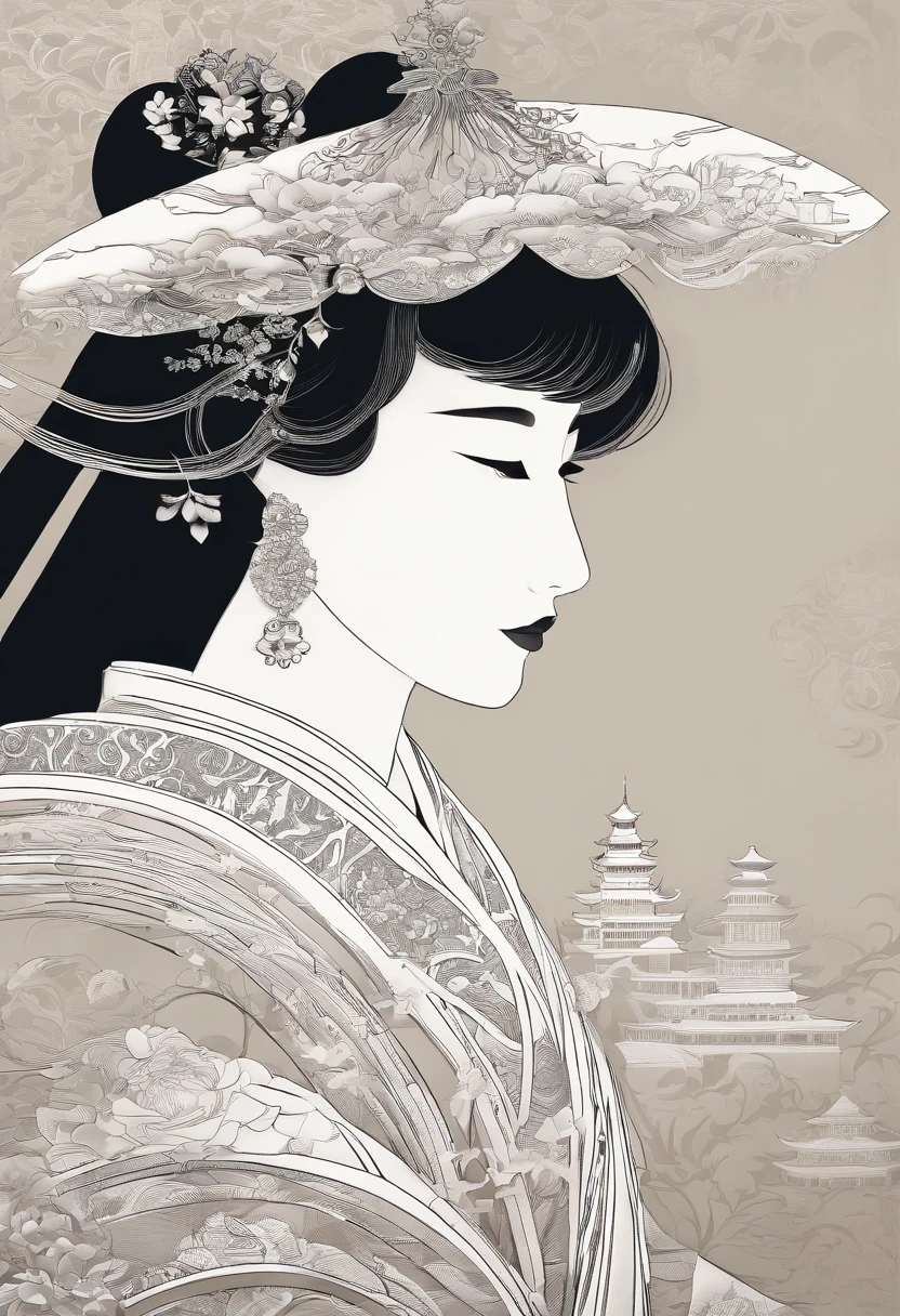 masterpiece, A Chiense woman in a hanfu, beautiful render of a fairytale, in the style of paper art, painting of beautiful, beautiful as the moon, very intricate masterpiece, painted metal, beautiful intricate masterpiece, multiple layers, Mysterious, Ancient China background, black