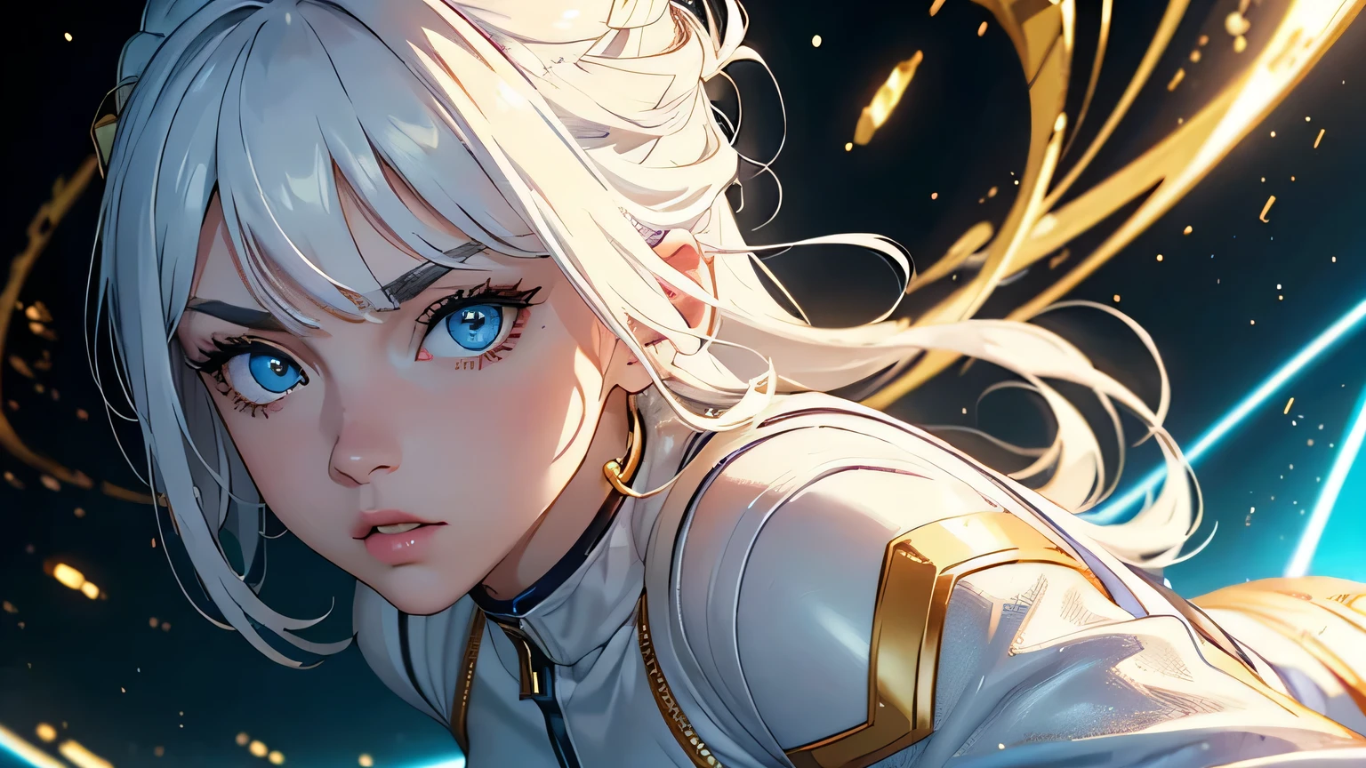 4K, A high resolution, Best quality at best, masterpiece, perfect colors, perfect shadow, perfect litthing, ((sportrait)), 1woman, fit body, heterochromia eyes,dark blue hair , blue eyes, With round lenses, The audience watched carefully, (s face: 1.2), Perfect female figure, ((dynamic pose)), ((white and gold Tight crop top white and gold leather suit)), ((shy and looking at viewert)), (Perfect thick white eyebrows) Delicate fur, 详细s face, s the perfect face, , (dynamic pose), cyberpunk abstract background, ((Bonifasko lighting)), (The round lenses on his eyes)(詳細な目), Perfect student, ((face close up))
