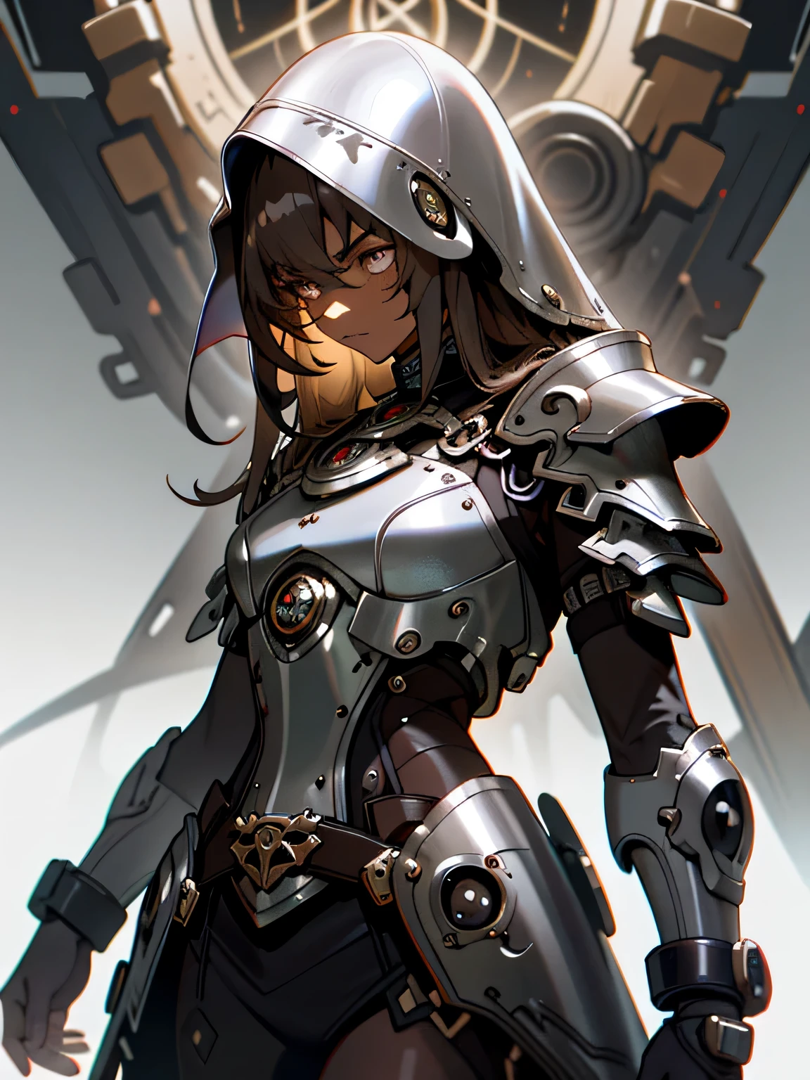 ((dark tentacle biopunk art)), (genshin impact), mechanized girl, cynical and empty gaze, dark skin, dark brown skin, dark brown mechanical skin, brown mechanical skin, brown long angular hair, gray eyes, brown metallic implants, chain mail around the neck, white metal rings on arms, sharp-edged white metal helmet, (covered by lots of geometric symbols), metallic breastplate, detailed character design, ominous sky, highly detailed art, highy detailed background