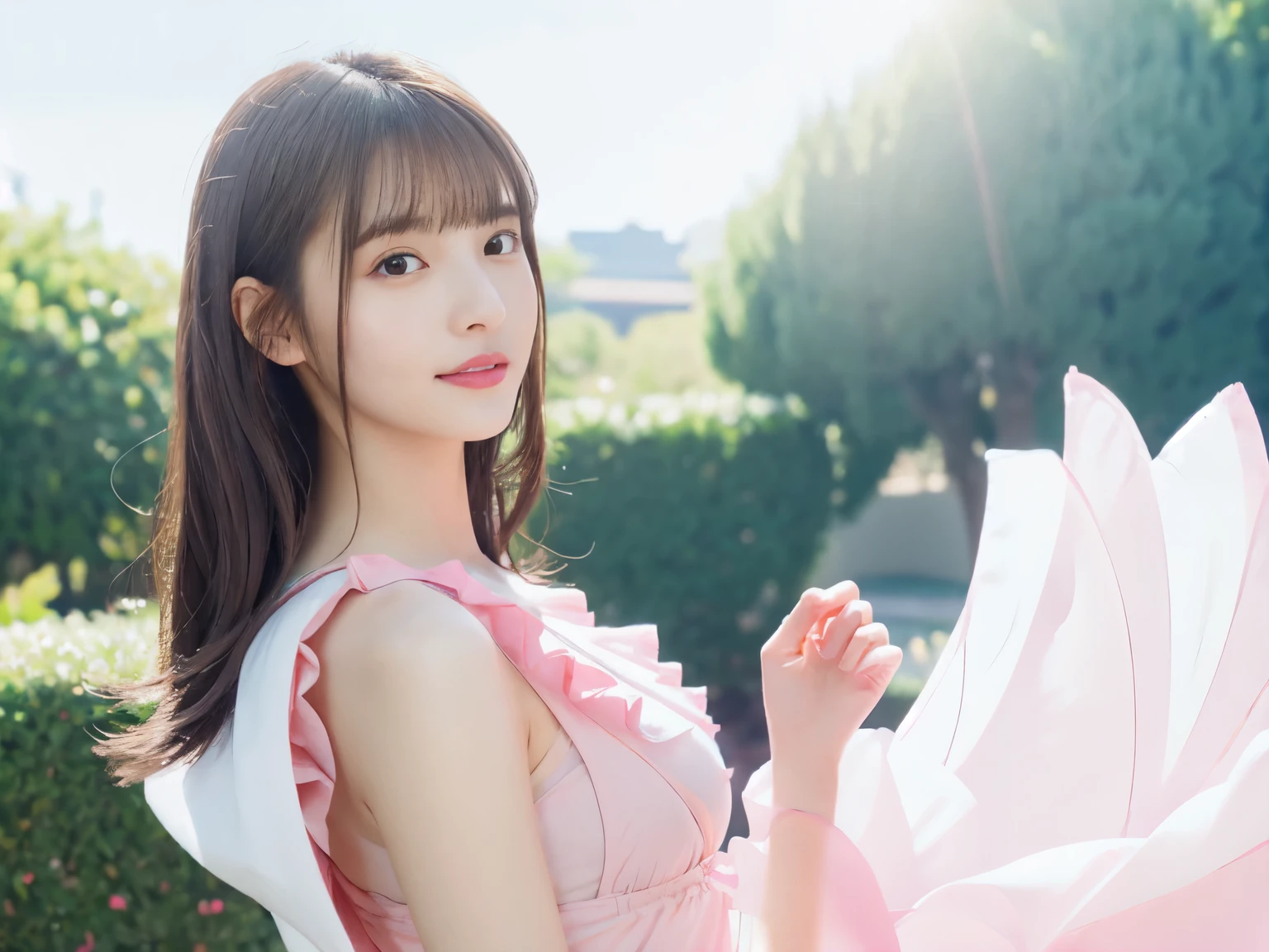 There is an ancient palace next to the girl，very delicate and beautiful girl，Realistic，incredibly absurd，abstract artistic，from waist to shoulders，catch，highly detailed body，woman，young，20-year-old，very long hair，floating hair，light brown hair，Vitone Hair，beautiful fine hair，exquisite and beautiful face，light smile，clear eyes，Broke up_lips， black eyes，head_ribbon，with ruffles_dress，Jacket，Pink transparent skirt，pink bikini，Floating Palace，beautiful and clear background，beautiful sky，full bloom，very accurate details，absurd，Extremely CG，