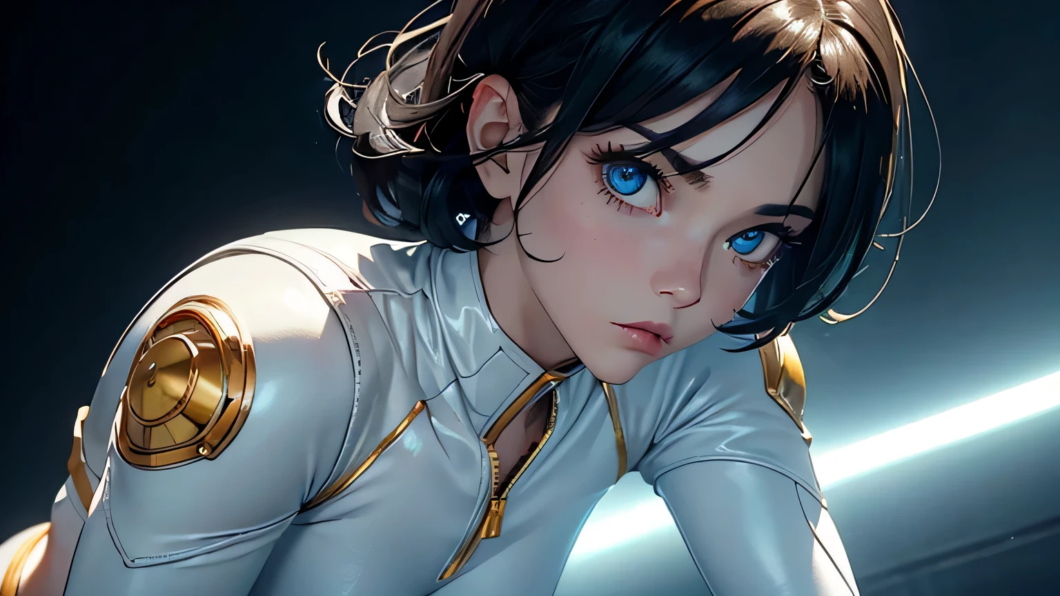 4K, A high resolution, Best quality at best, masterpiece, perfect colors, perfect shadow, perfect litthing, ((sportrait)), 1woman, fit body, heterochromia eyes,dark blue hair , blue eyes, With round lenses, The audience watched carefully, (s face: 1.2), Perfect female figure, ((dynamic pose)), ((white and gold Tight crop top white and gold leather suit)), ((shy and looking at viewert)), (Perfect thick white eyebrows) Delicate fur, 详细s face, s the perfect face, , (dynamic pose), cyberpunk abstract background, ((Bonifasko lighting)), (The round lenses on his eyes)(詳細な目), Perfect student, ((face close up))