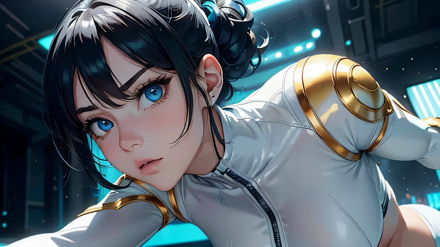 4K, A high resolution, Best quality at best, masterpiece, perfect colors, perfect shadow, perfect litthing, ((sportrait)), 1woman, fit body, heterochromia eyes,dark blue hair , blue eyes, With round lenses, The audience watched carefully, (s face: 1.2), Perfect female figure, ((dynamic pose)), ((white and gold Tight crop top white and gold leather suit)), ((shy and looking at viewert)), (Perfect thick white eyebrows) Delicate fur, 详细s face, s the perfect face, , (dynamic pose), cyberpunk abstract background, ((Bonifasko lighting)), (The round lenses on his eyes)(詳細な目), Perfect student, ((face close up))