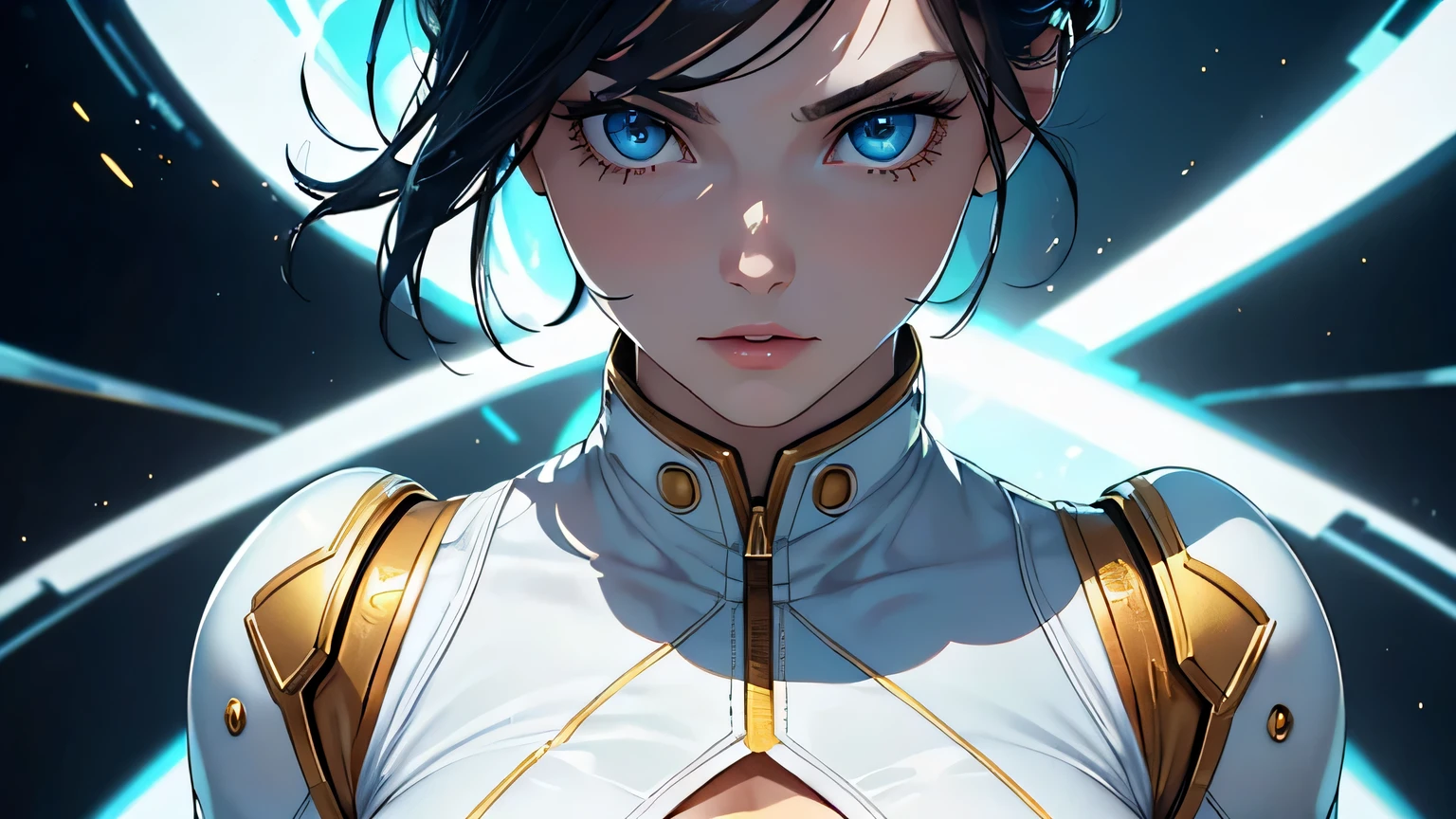 4K, A high resolution, Best quality at best, masterpiece, perfect colors, perfect shadow, perfect litthing, ((sportrait)), 1woman, fit body, heterochromia eyes,dark blue hair , blue eyes, With round lenses, The audience watched carefully, (s face: 1.2), Perfect female figure, ((dynamic pose)), ((white and gold Tight crop top white and gold leather suit)), ((shy and looking at viewert)), (Perfect thick white eyebrows) Delicate fur, 详细s face, s the perfect face, , (dynamic pose), cyberpunk abstract background, ((Bonifasko lighting)), (The round lenses on his eyes)(詳細な目), Perfect student, ((face close up))