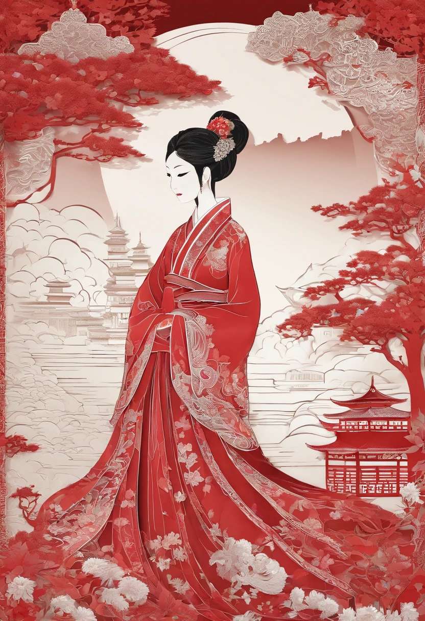 masterpiece, A Chiense woman in a hanfu, beautiful render of a fairytale, in the style of paper art, painting of beautiful, beautiful as the moon, very intricate masterpiece, painted metal, beautiful intricate masterpiece, multiple layers, Mysterious, Ancient China background, red
