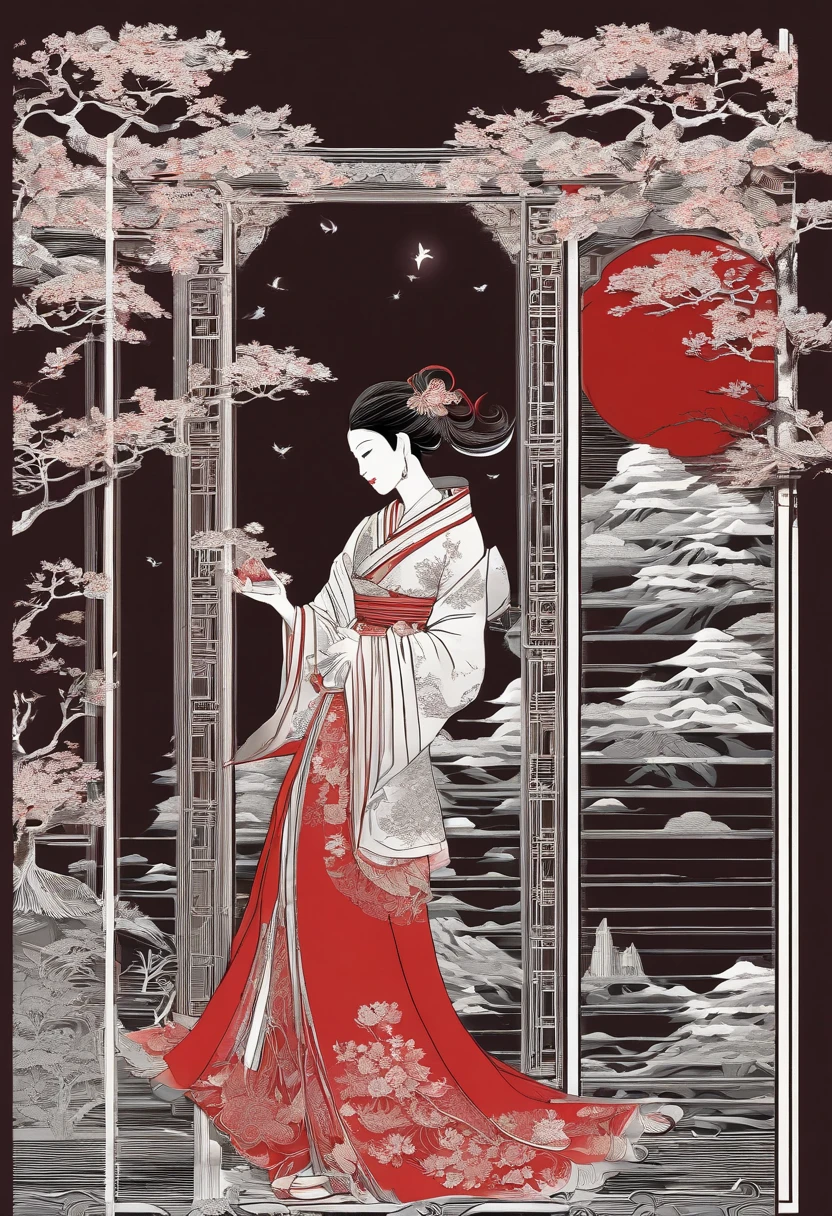 masterpiece, A Chiense woman in a hanfu, beautiful render of a fairytale, in the style of paper art, painting of beautiful, beautiful as the moon, very intricate masterpiece, painted metal, beautiful intricate masterpiece, multiple layers, Mysterious, Ancient China background, red
