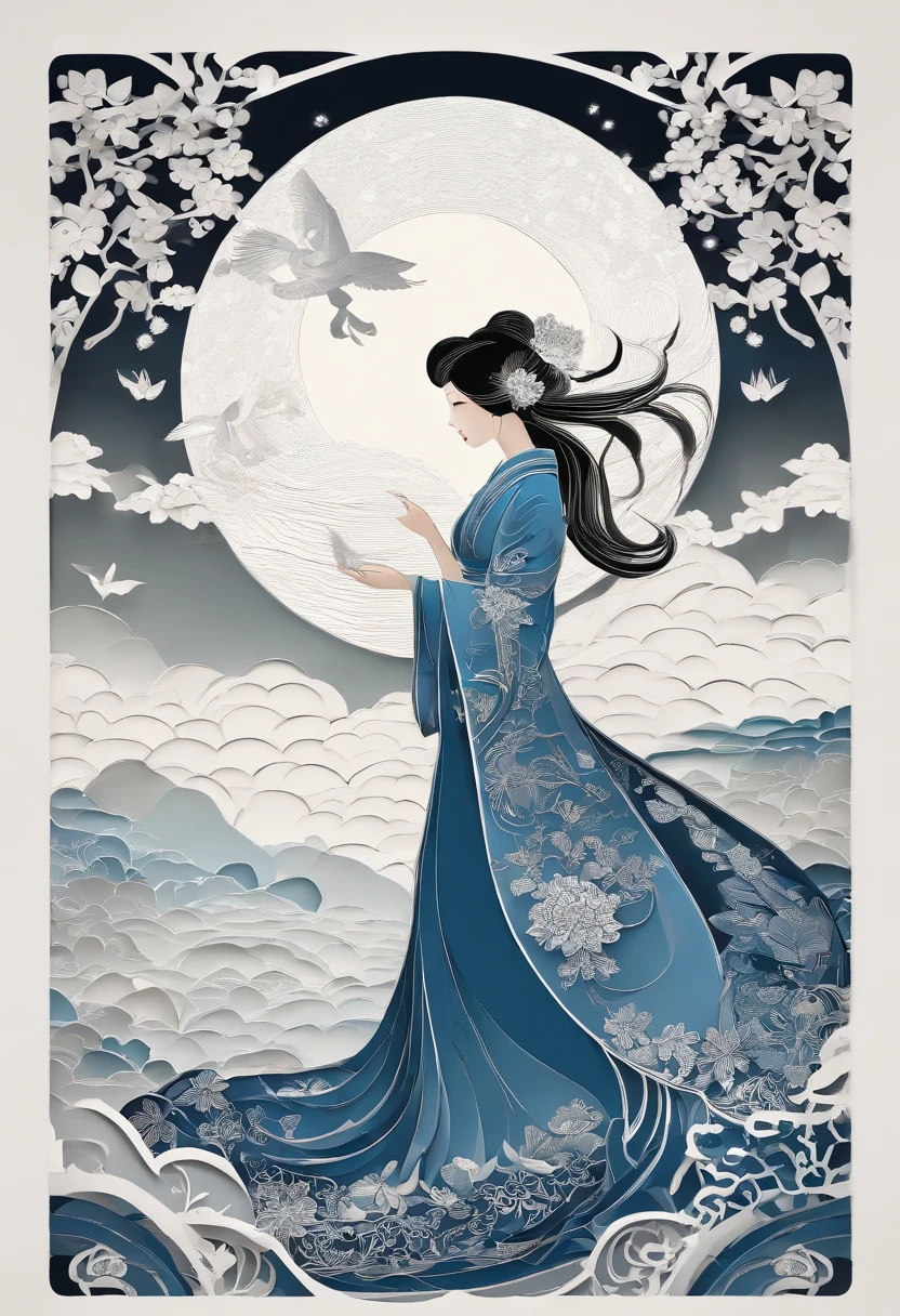 masterpiece, A Chiense woman in a hanfu, beautiful render of a fairytale, in the style of paper art, painting of beautiful, beautiful as the moon, very intricate masterpiece, painted metal, beautiful intricate masterpiece, multiple layers, Mysterious, Ancient China background, blue
