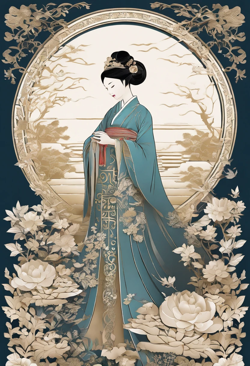 masterpiece, A Chiense woman in a hanfu, beautiful render of a fairytale, in the style of paper art, painting of beautiful, beautiful as the moon, very intricate masterpiece, painted metal, beautiful intricate masterpiece, multiple layers, Mysterious, Ancient China background, gold
