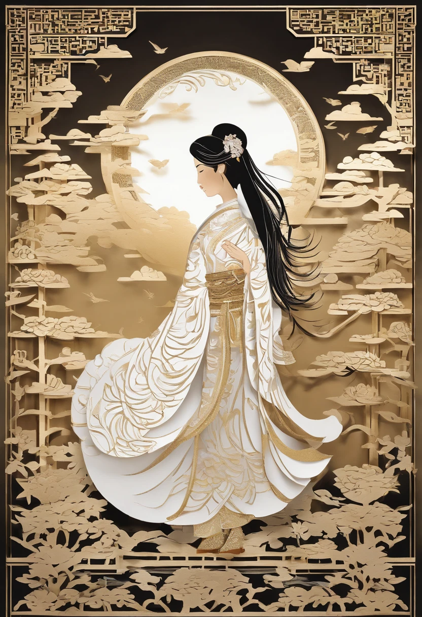masterpiece, A Chiense woman in a hanfu, beautiful render of a fairytale, in the style of paper art, painting of beautiful, beautiful as the moon, very intricate masterpiece, painted metal, beautiful intricate masterpiece, multiple layers, Mysterious, Ancient China background, gold