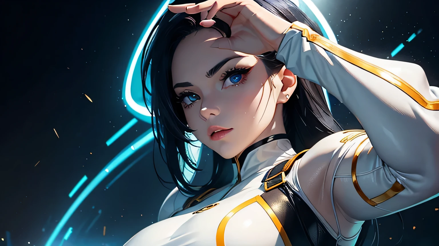 Waist up ((Extremely detailed asymmetric realistic masterpiece)) hyperrealistic masterpiece, Superhero very beauty girl ((in mechanical futuristic aesthetic style)) in extremely detailed tech plugsuit, cinematic illumination: 8k, glowing, concept art, smooth, sharp focus, illustration