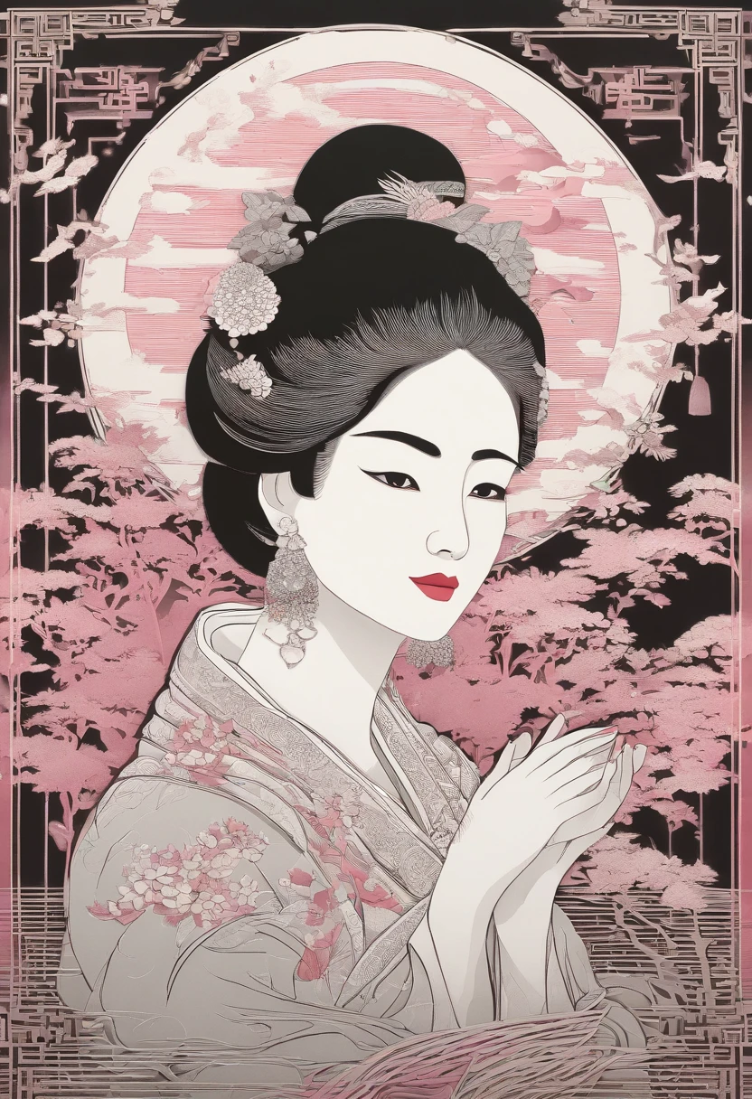 masterpiece, A Chiense woman in a hanfu, beautiful render of a fairytale, in the style of paper art, painting of beautiful, beautiful as the moon, very intricate masterpiece, painted metal, beautiful intricate masterpiece, multiple layers, Mysterious, Ancient China background, pink