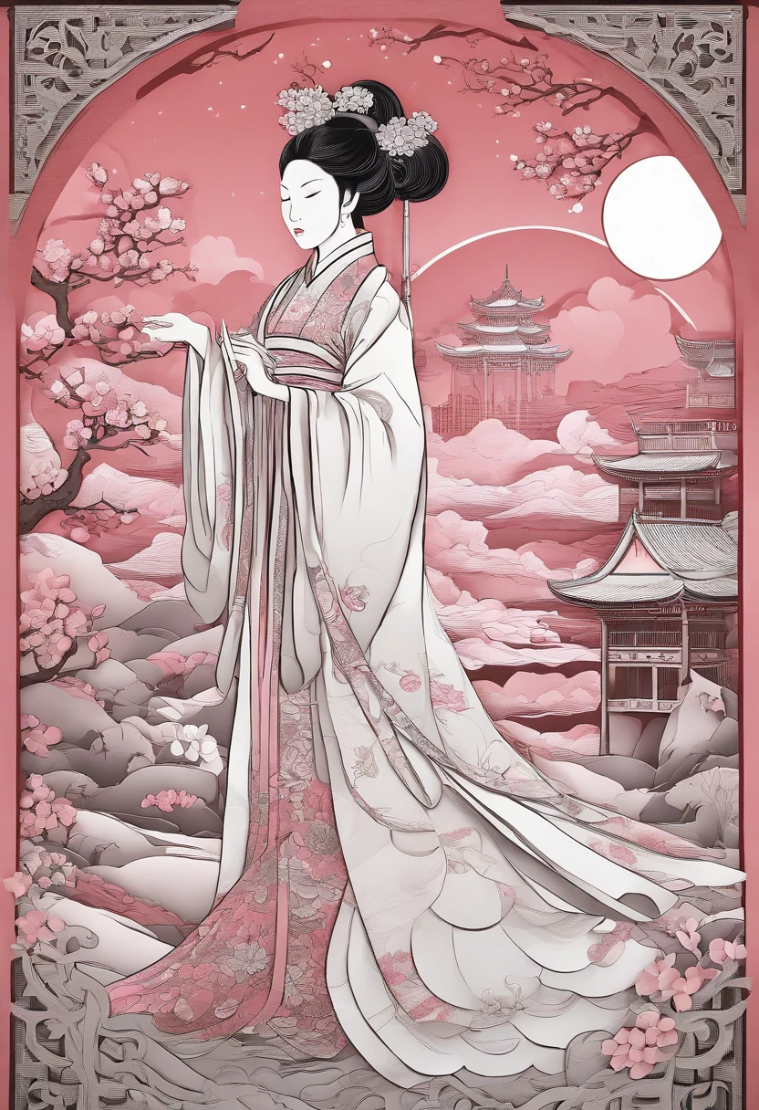 masterpiece, A Chiense woman in a hanfu, beautiful render of a fairytale, in the style of paper art, painting of beautiful, beautiful as the moon, very intricate masterpiece, painted metal, beautiful intricate masterpiece, multiple layers, Mysterious, Ancient China background, pink