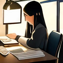 (masterpiece, best quality), ((1 girl, () long black hair，sitting at desk，（Desk lamp glows），（Girl thinking about writing，Hesitant eyes），（time：late night）