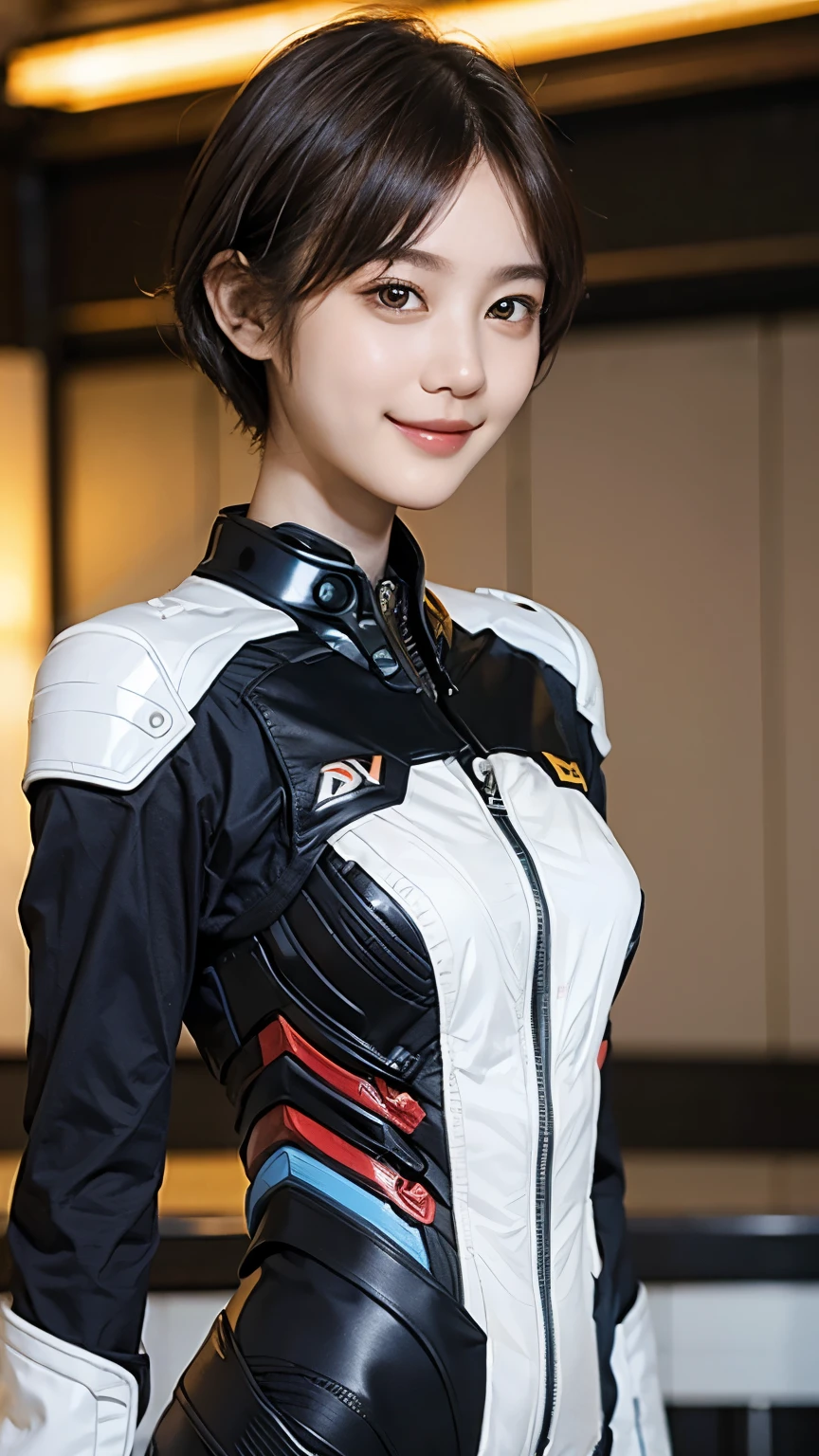 162
Shorthair,  (a 20 yo woman, standing), A hyper-realistic, gentle smile, sci-fi cool suit, (口紅)
