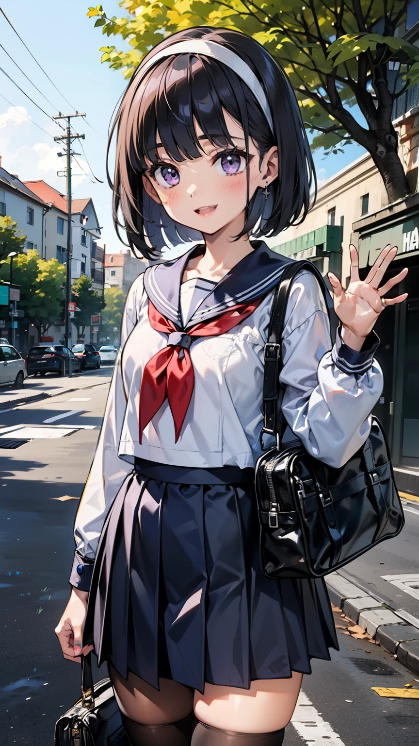 sailor suit, one woman, (a beauty woman, delicate :1.3), black hair, bob cut, Bangs Patsun, 8K, highest quality, masterpiece, Super detailed, ultra high resolution, realistic, RAW photo, absolute resolution, small face compared to body (4:1), very small face (4:1), The face is balanced, black hair, sailor suit, Dark blue skirt, realistic女子高生, ((white headband)), small breasts, tall, slanted eyes, purple eyes, (In front of the school gate), (black stockings), open your mouth, smile, stand, school bag, wave to the camera, 