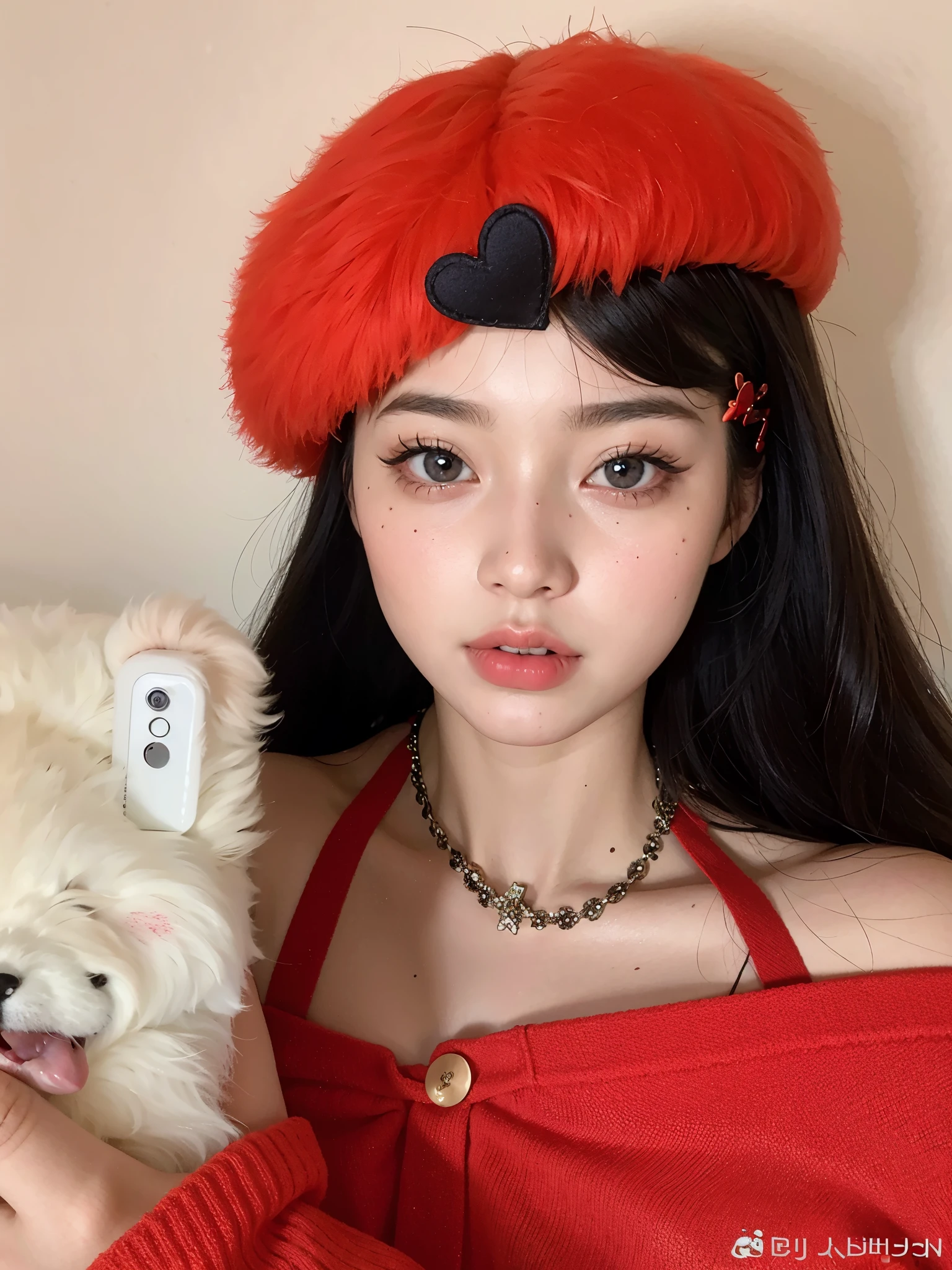 araffe girl in Vermelho dress holding a teddy bear and a cell phone, Ulzzang, maquiagem sul-coreana popular, cruel korean goth girl, Bela Delfina, adorable and pale korean face, Lalisa Manobal, small heart-shaped face, maquiagem coreana popular, Vermelho contact lenses,  coreana, sakimichan, ((Vermelho)) olhos esbugalhados