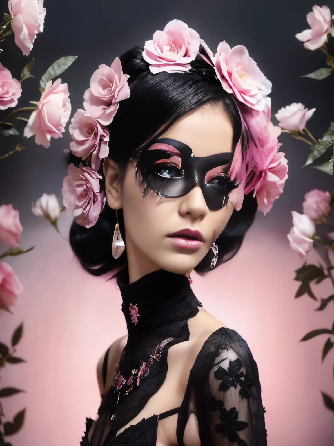 Arafed woman with black and pink makeup and flowers in her hair, cyberpunk cyborg. roses, Natalie Shaw, Natalie Shaw tom bagshaw,  Early, Kind cyborg girl with flowers, inspired by Hedy Xandt, Floral Punk Elysian Maid, beautiful portrait in fantasy style, beautiful fantasy portrait, beautiful gorgeous digital art, black roses in hair