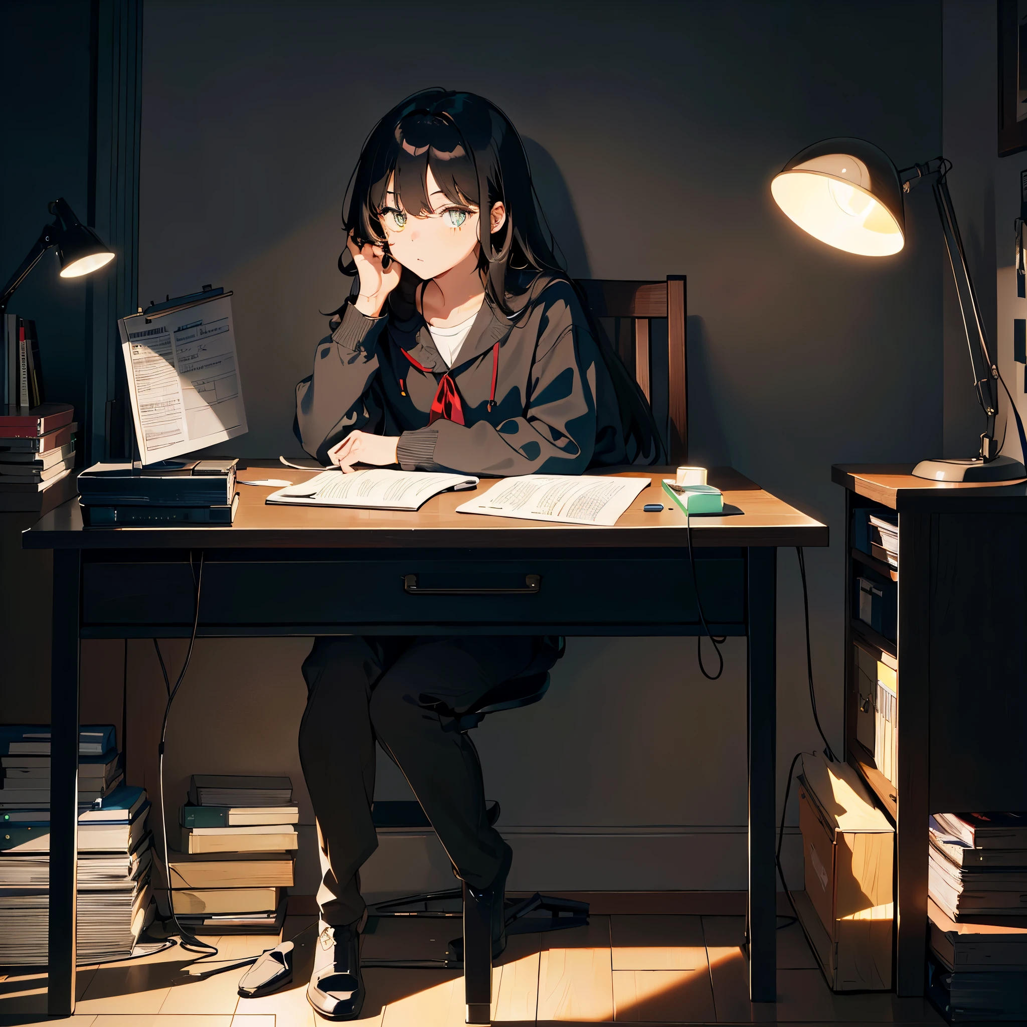 (masterpiece, best quality), ((1 girl, () long black hair,sitting at desk,(Desk lamp glows),(Girl thinking about writing,Hesitant eyes),(time:late night)