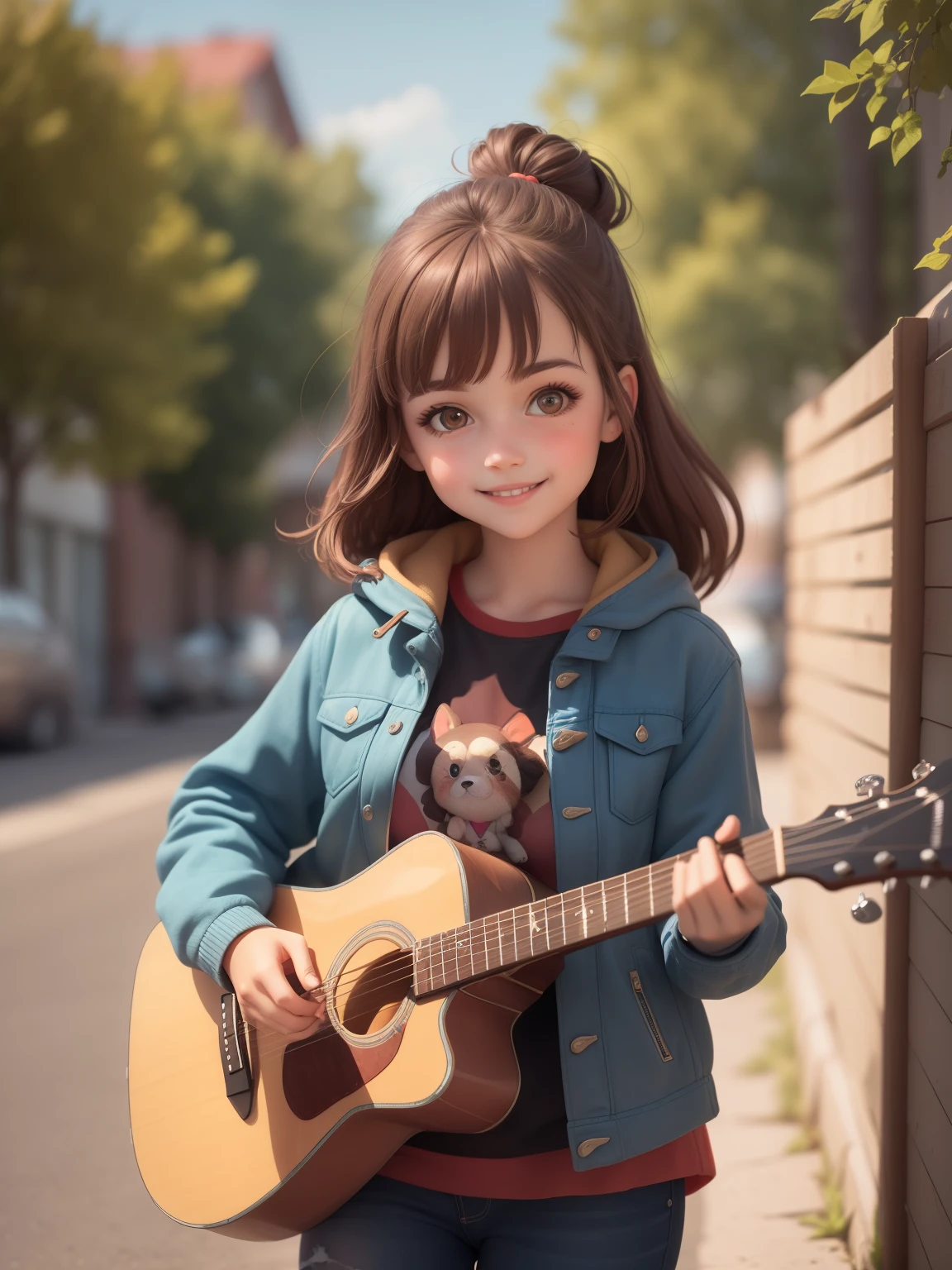 (masterpiece), (highest quality), (Super detailed), (whole body: 1.2), 1 girl, , cute, smile, facing forward, looking here, outdoor, playing the guitar, music, have a guitar, blush label, wood, 3, Jacket, shirt, brown hair, light brown eyes, bright eyes, (beautiful detailed face), (beautiful and fine eyes), Blur.