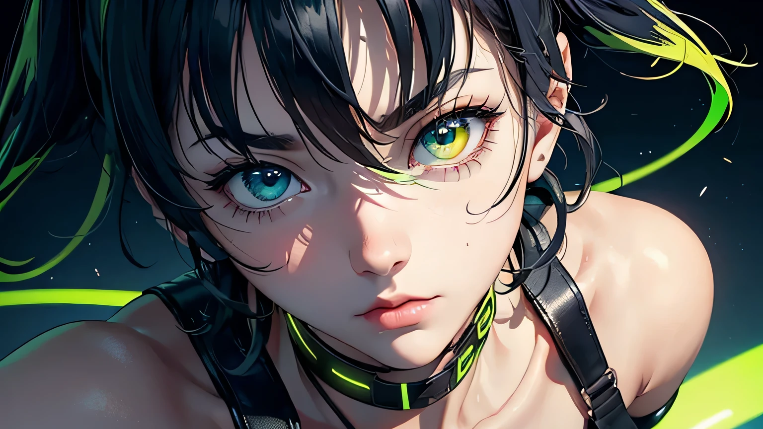 4K, A high resolution, Best quality at best, masterpiece, perfect colors, perfect shadow, perfect litthing, ((sportrait)), 1woman, fit body, heterochromia eyes,dark blue hair , blue eyes, With round lenses, The audience watched carefully, (s face: 1.2), Perfect female figure, ((dynamic pose)), ((neon green Tight crop top neon green leather suit)), ((shy and looking at viewert)), (Perfect thick white eyebrows) Delicate fur, 详细s face, s the perfect face, , (dynamic pose), cyberpunk abstract background, ((Bonifasko lighting)), (The round lenses on his eyes)(詳細な目), Perfect student, ((face close up))