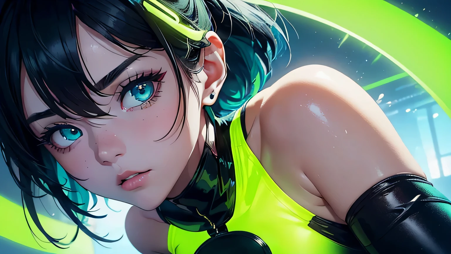 4K, A high resolution, Best quality at best, masterpiece, perfect colors, perfect shadow, perfect litthing, ((sportrait)), 1woman, fit body, heterochromia eyes,dark blue hair , blue eyes, With round lenses, The audience watched carefully, (s face: 1.2), Perfect female figure, ((dynamic pose)), ((neon green Tight crop top neon green leather suit)), ((shy and looking at viewert)), (Perfect thick white eyebrows) Delicate fur, 详细s face, s the perfect face, , (dynamic pose), cyberpunk abstract background, ((Bonifasko lighting)), (The round lenses on his eyes)(詳細な目), Perfect student, ((face close up))